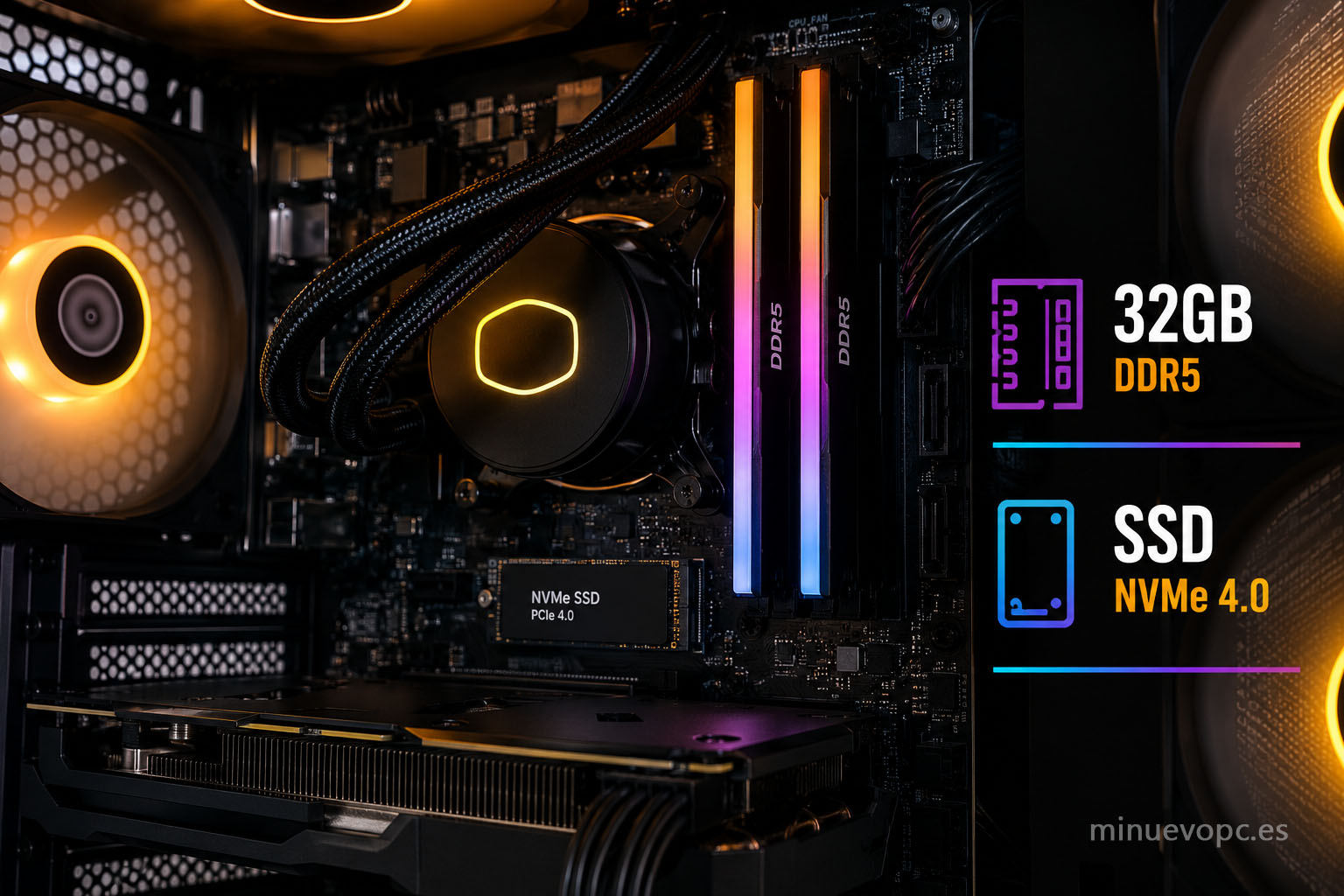 Interior de PC gaming con memoria DDR5 de 32 GB y SSD NVMe rápido para mejorar la carga de Fortnite y la experiencia de juego