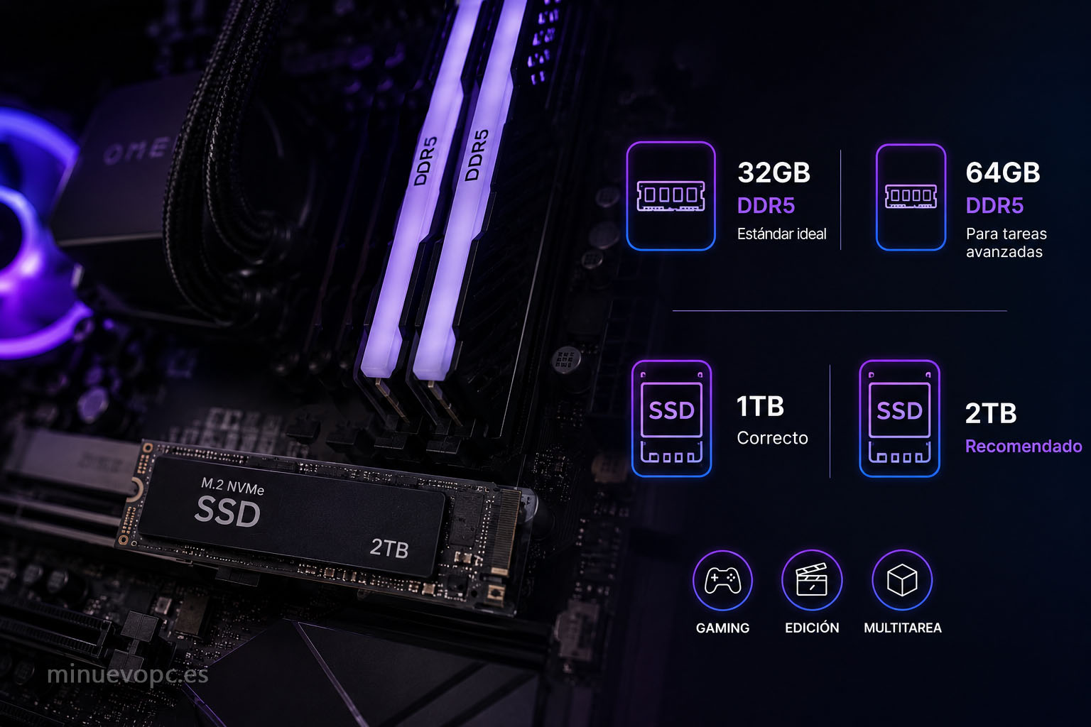 Configuración recomendada con 32 GB DDR5 y SSD NVMe de 2 TB para un PC gaming RTX 5080 equilibrado y preparado