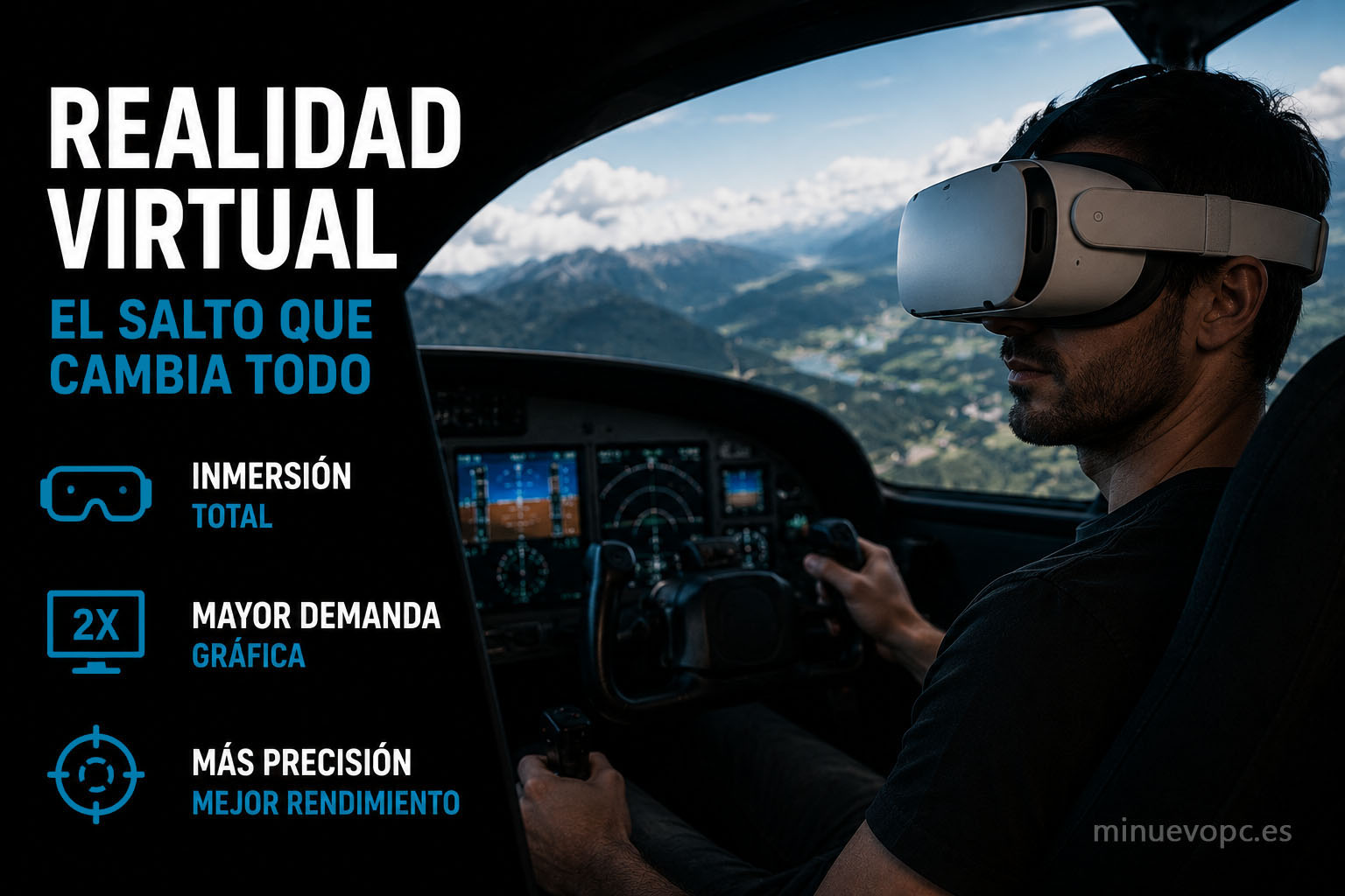 Usuario con gafas de realidad virtual en simulador de vuelo utilizando hardware gaming de gama alta para una experiencia inmersiva en VR