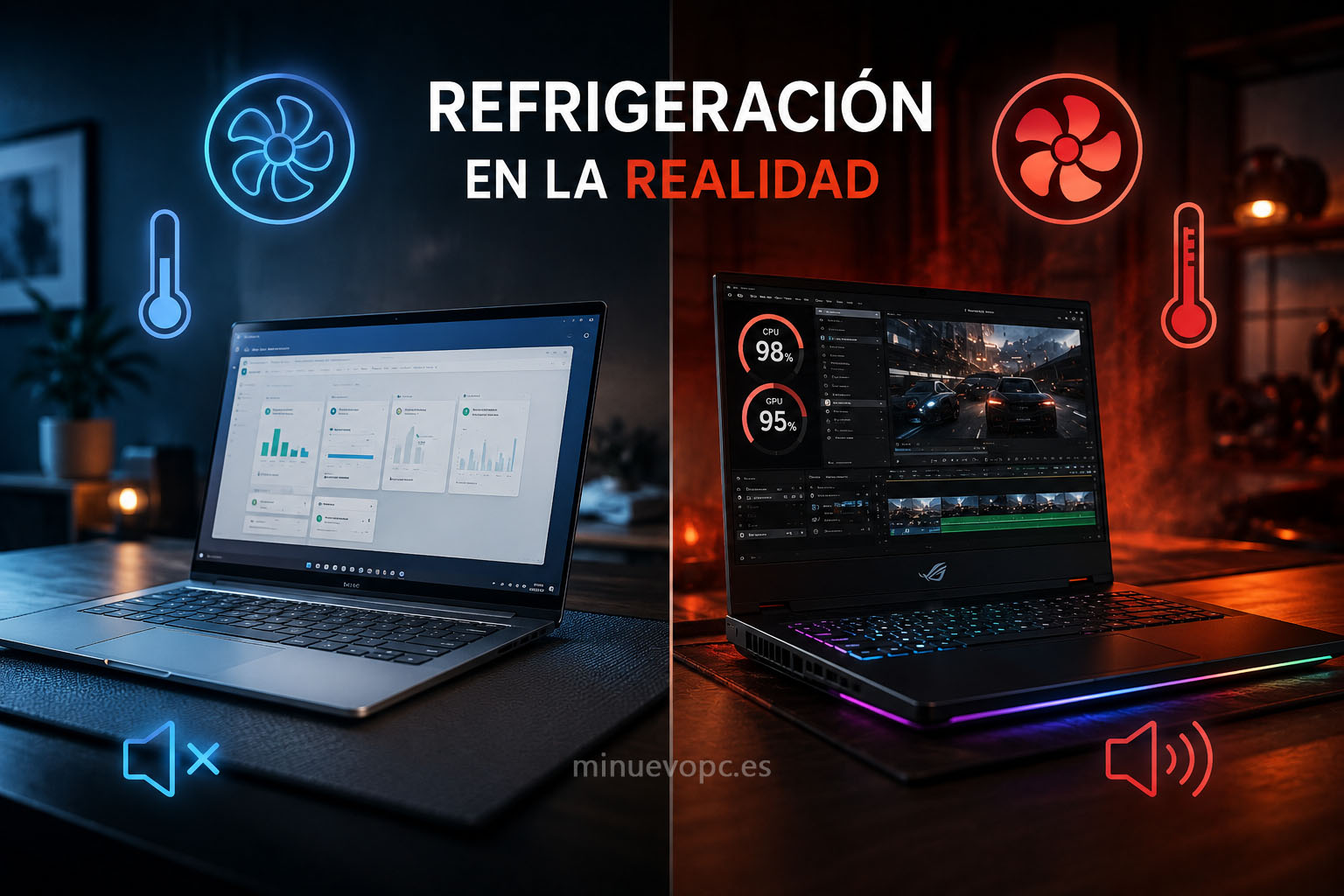 Sistema de refrigeración de un portátil gaming frente a un portátil normal mostrando diferencias de temperatura, ruido y rendimiento en uso intensivo