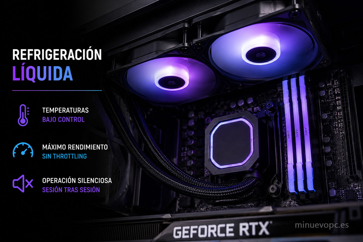 Refrigeración líquida en un PC gaming premium con RTX 5080 y Ryzen X3D para mantener el máximo rendimiento durante horas