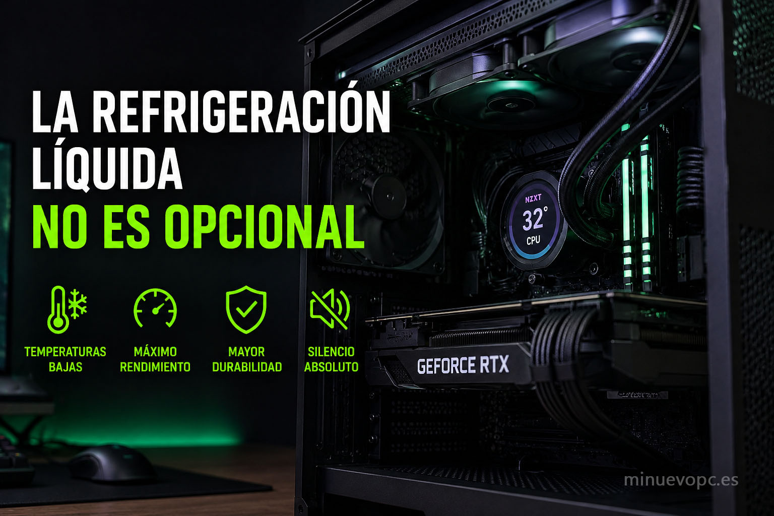 PC gaming con RTX 5090 y refrigeración líquida avanzada para mantener el máximo rendimiento y temperaturas estables durante largas sesiones de juego
