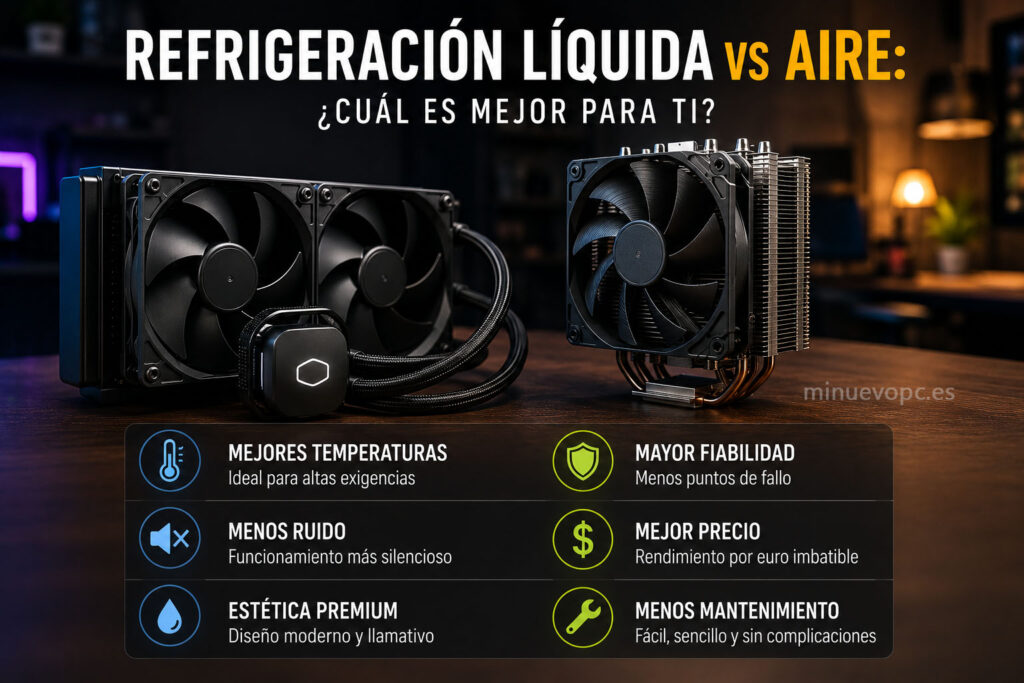 Comparativa entre refrigeración líquida AIO y disipador por aire para elegir la mejor solución según presupuesto, ruido y rendimiento.
