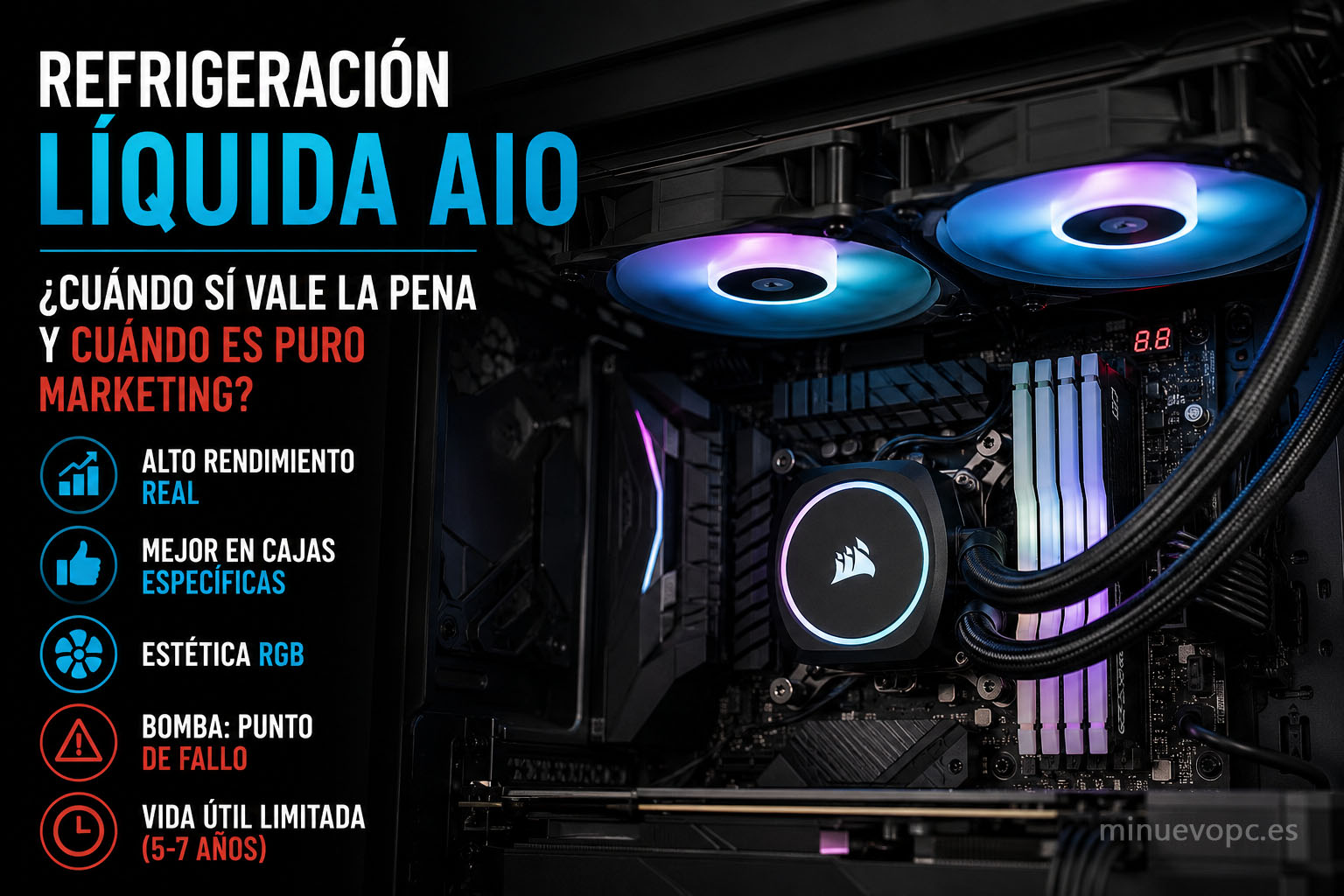 PC gaming con RTX 5070 y refrigeración líquida AIO mostrando ventiladores y flujo de aire eficiente para gaming silencioso y estable