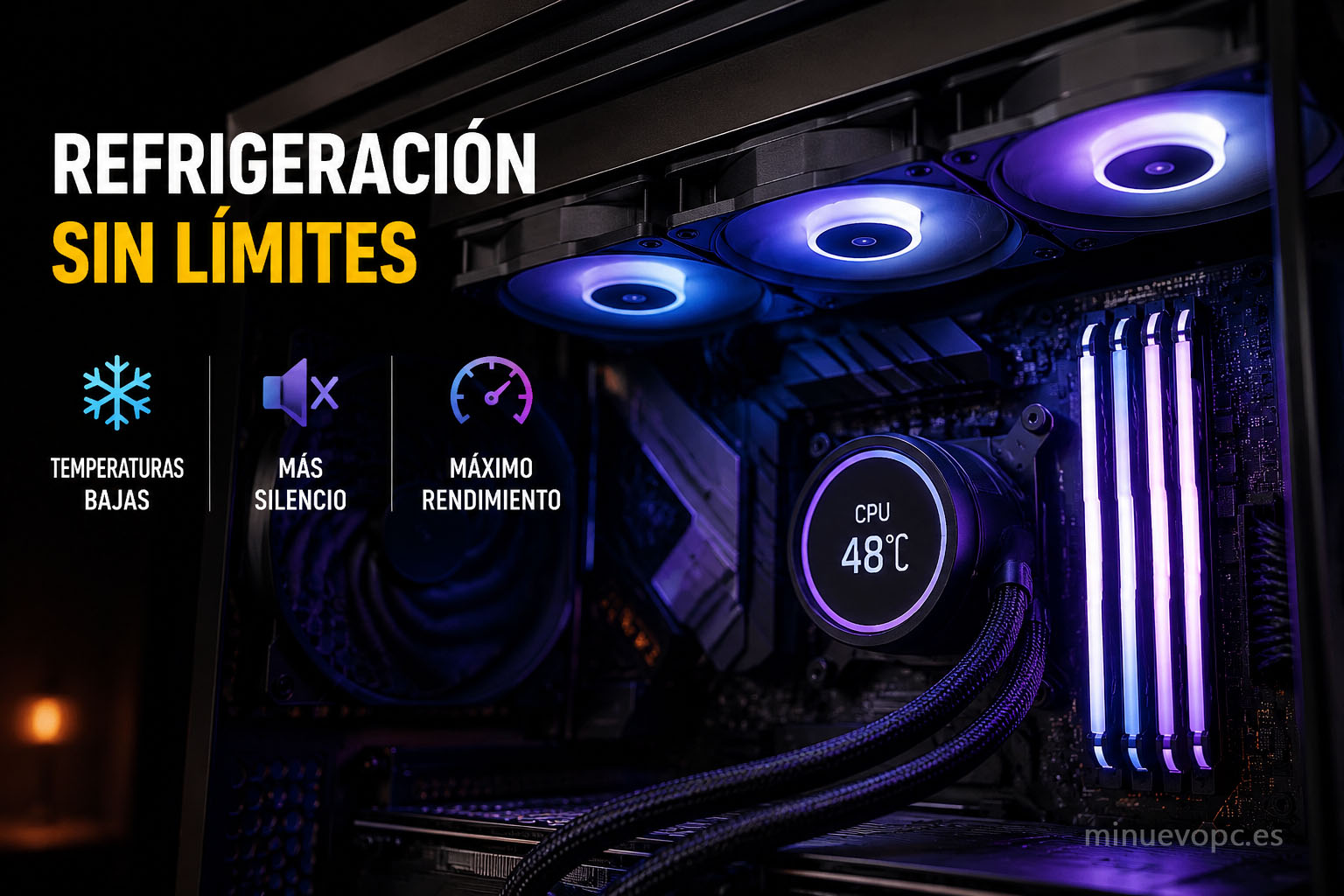 Interior de PC gaming con refrigeración líquida AIO, ventiladores RGB y sistema térmico avanzado para mantener alto rendimiento sostenido