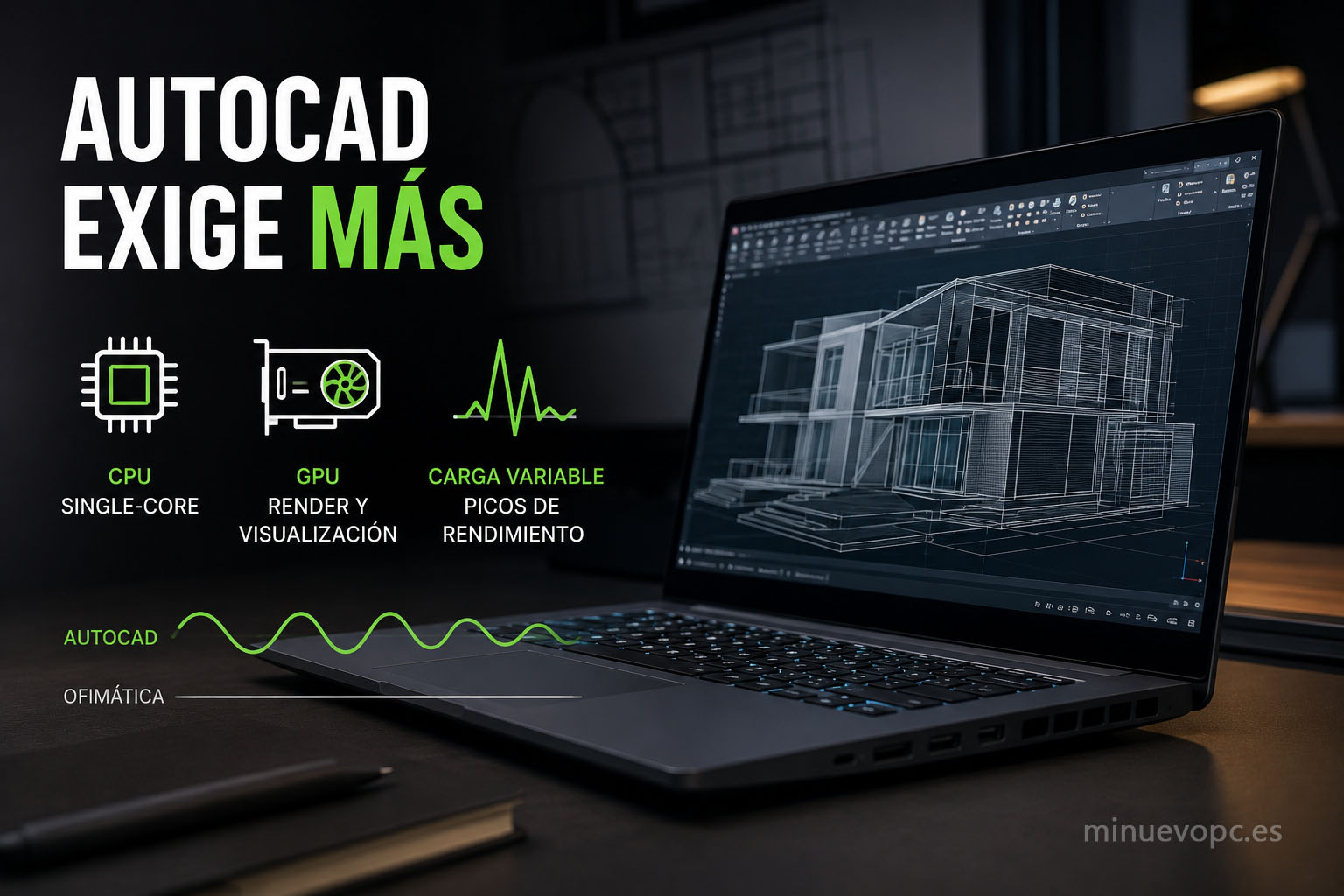 Portátil ejecutando AutoCAD con CPU y GPU trabajando en modelos 3D, mostrando por qué este software necesita más potencia que la ofimática