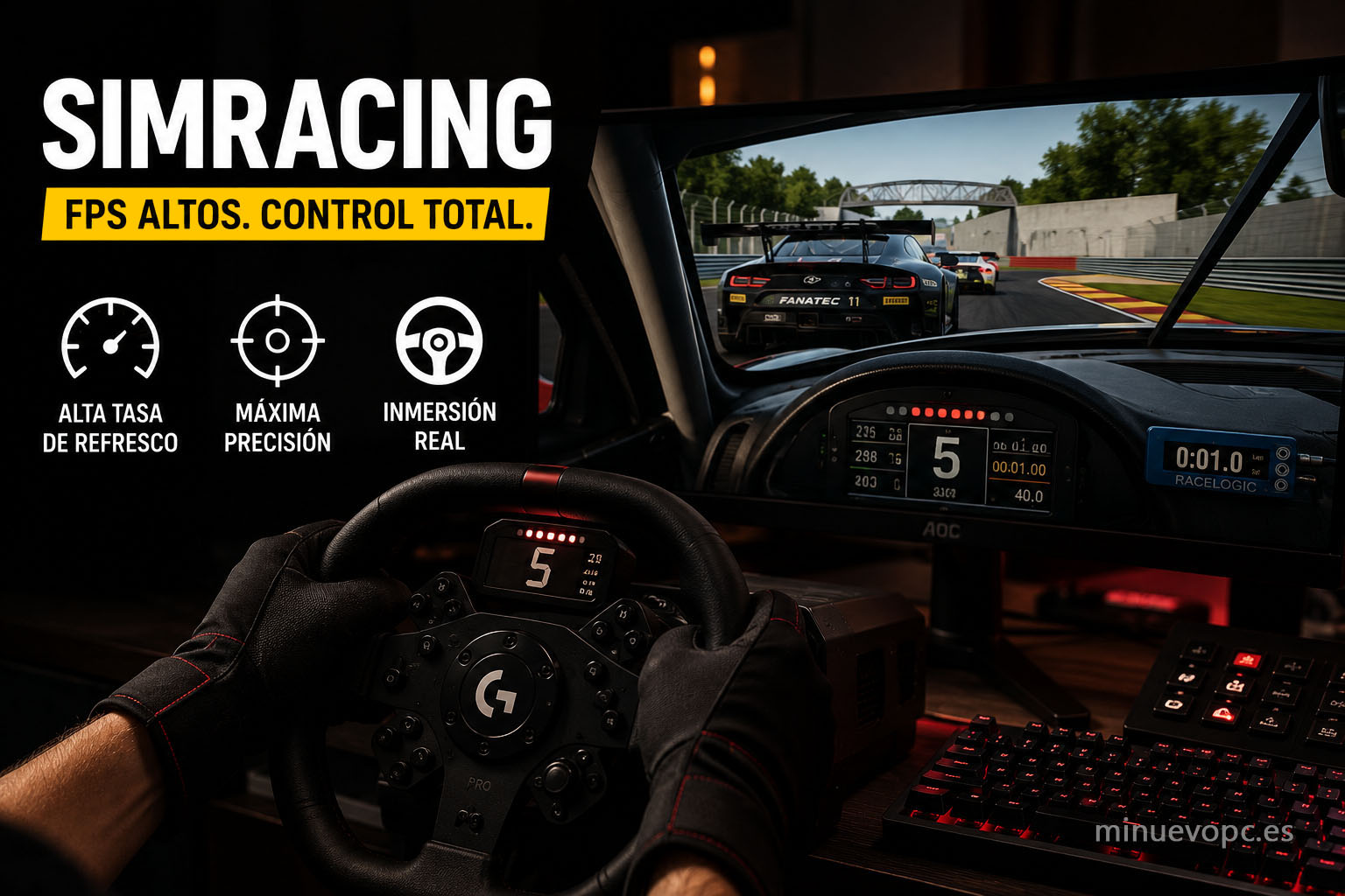Setup de simracing con volante y monitor de alta frecuencia para Assetto Corsa Competizione e iRacing con FPS estables y máxima precisión