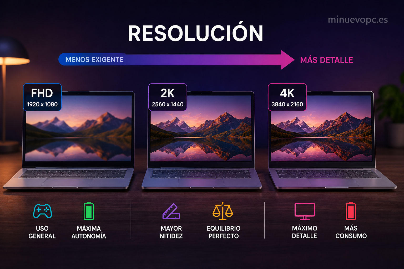 Full HD vs 2K vs 4K en portátiles: qué resolución merece la pena según tamaño y batería