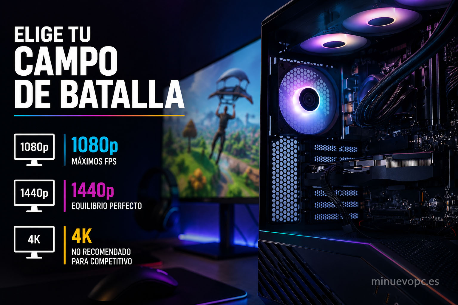 Comparativa visual entre 1080p, 1440p y 4K en un PC gaming para Fortnite con enfoque en FPS, fluidez y rendimiento competitivo
