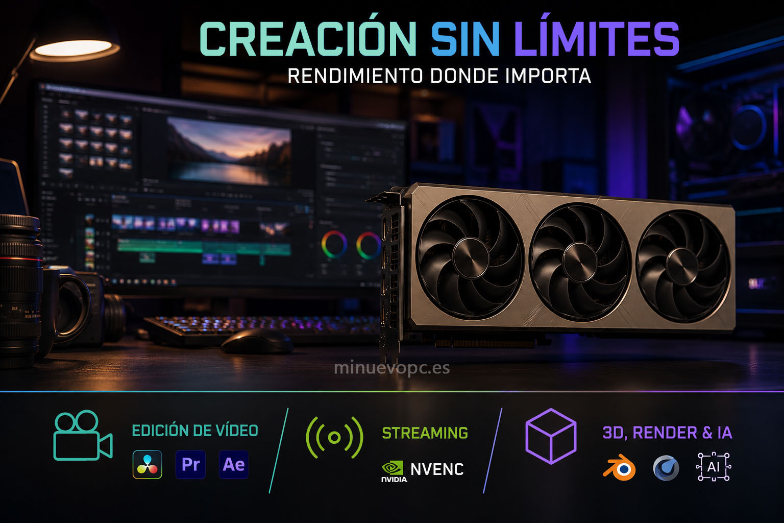 RTX 5070 vs RTX 5080 para edición de vídeo, streaming, renderizado 3D e IA local con enfoque en productividad profesional