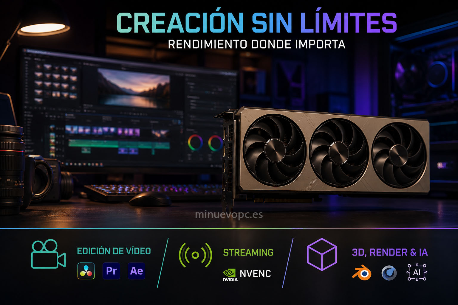 RTX 5070 vs RTX 5080 para edición de vídeo, streaming, renderizado 3D e IA local con enfoque en productividad profesional