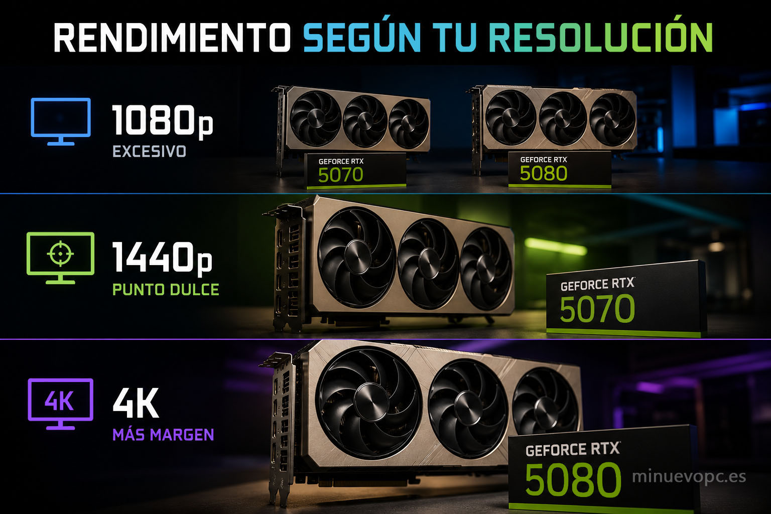 RTX 5070 y RTX 5080 comparadas en 1080p, 1440p y 4K para saber qué GPU ofrece mejor rendimiento según tu monitor