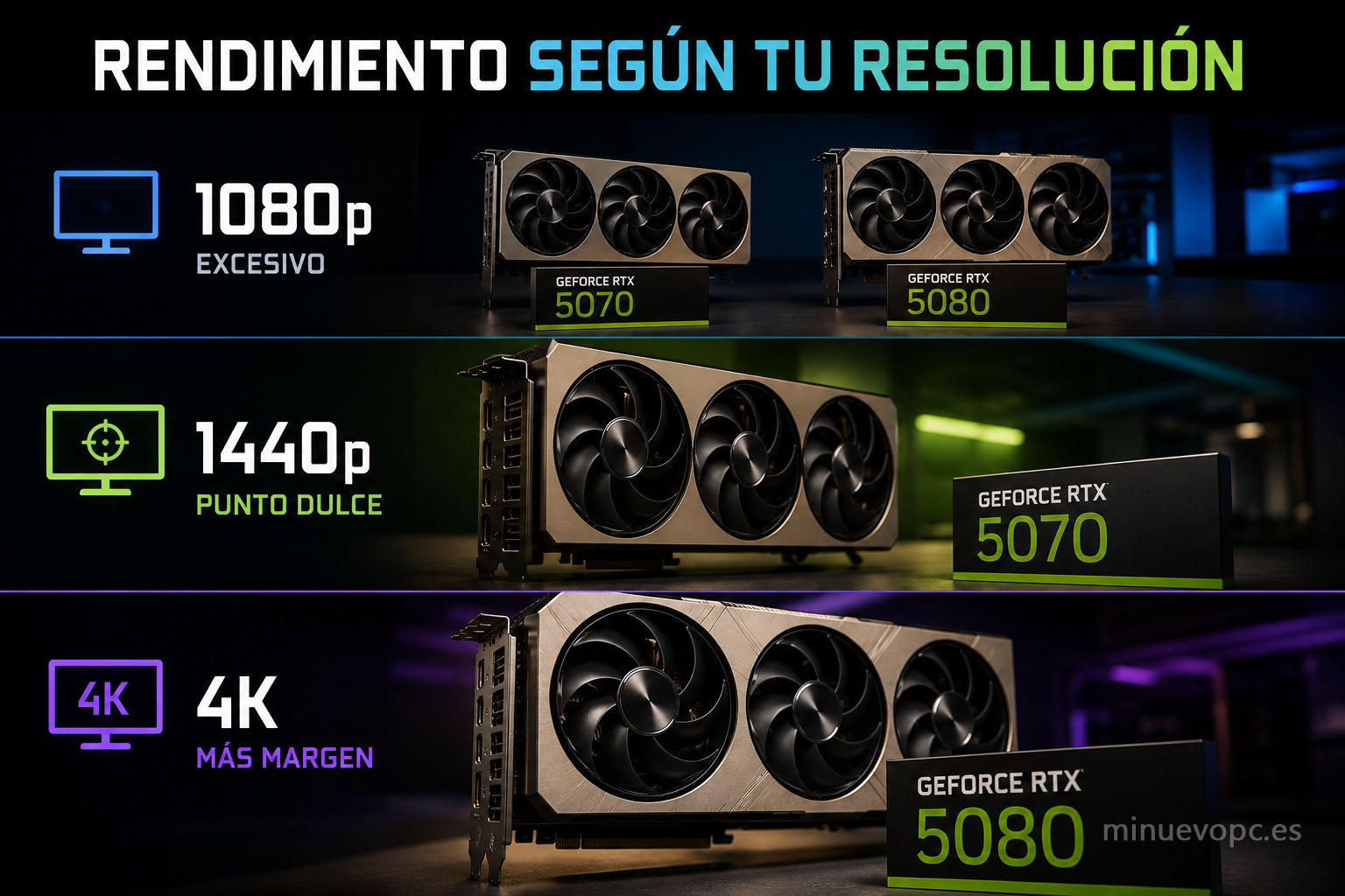 RTX 5070 y RTX 5080 comparadas en 1080p, 1440p y 4K para saber qué GPU ofrece mejor rendimiento según tu monitor
