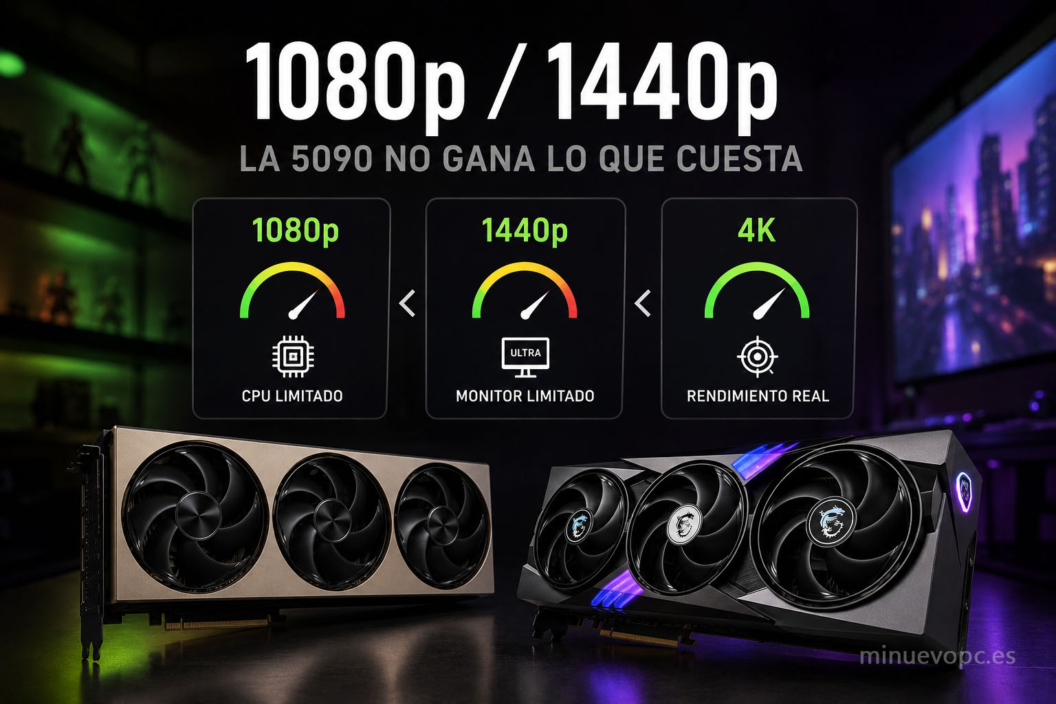 RTX 5080 vs RTX 5090 en gaming 1080p y 1440p mostrando rendimiento, FPS y relación calidad precio para elegir la mejor tarjeta gráfica para jugar