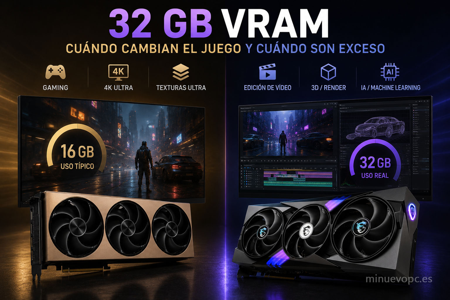 RTX 5090 con 32 GB de VRAM frente a RTX 5080 analizando gaming, edición de vídeo, IA y creación profesional para saber cuándo compensa la inversión