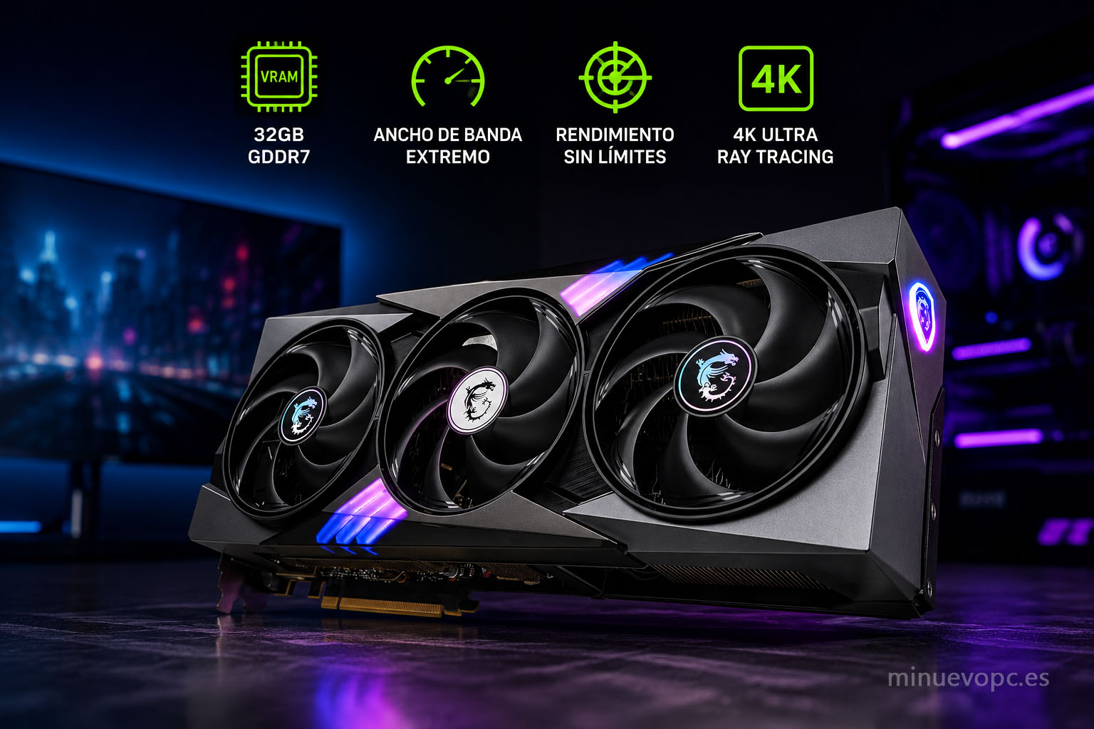 Tarjeta gráfica RTX 5090 con 32 GB GDDR7 y gran ancho de banda, ideal para comprar un PC gaming premium, IA local, renderizado 3D y edición 8K