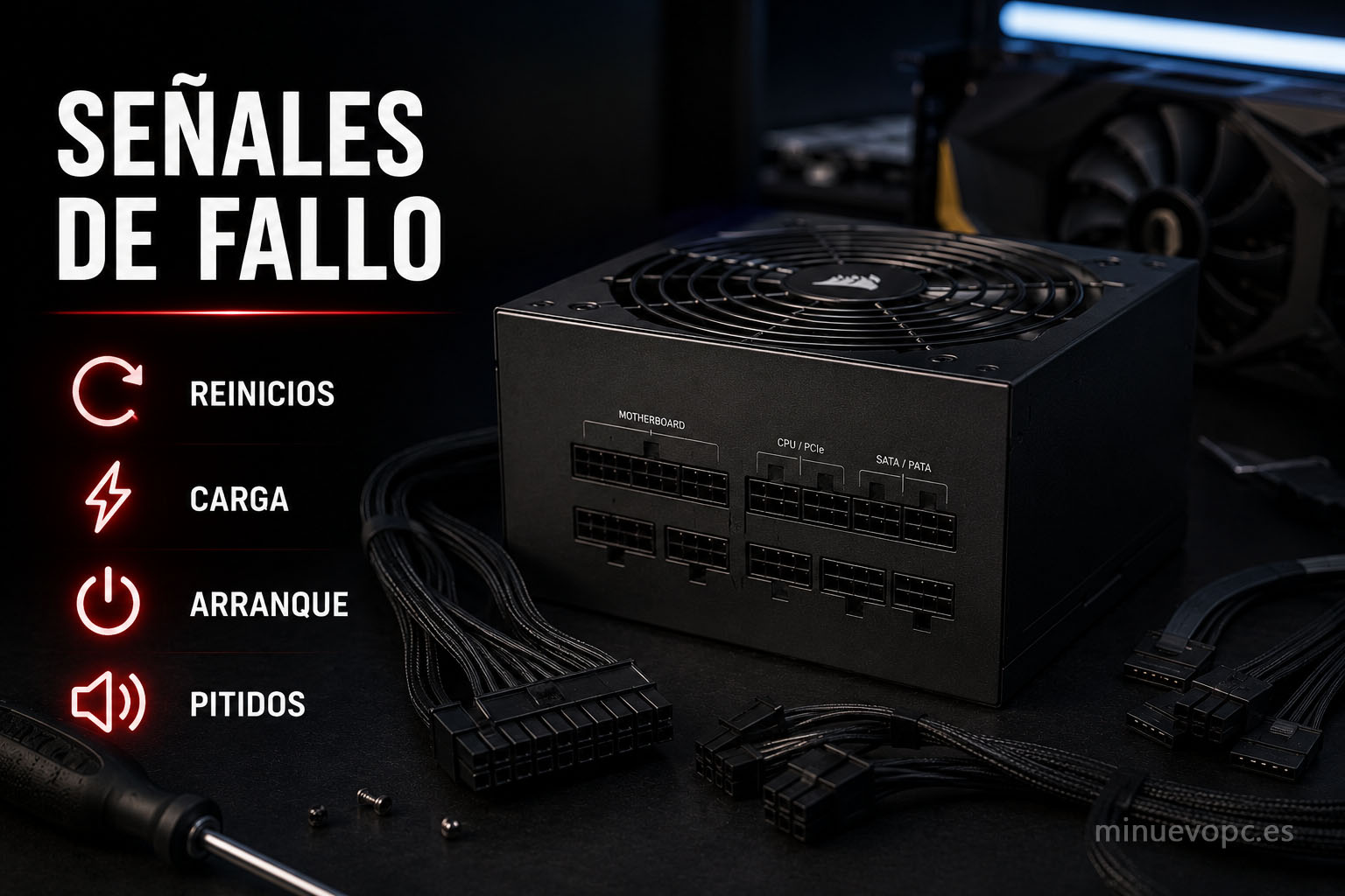 Señales de fallo en una fuente de alimentación PC con reinicios, errores de arranque y problemas bajo carga