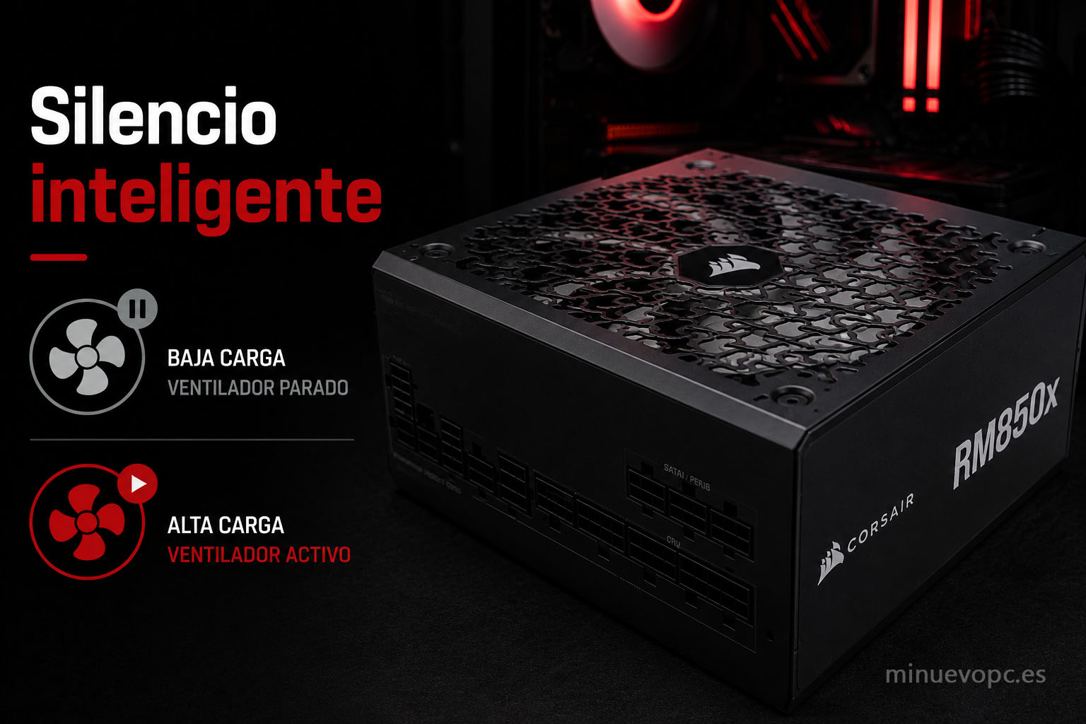 Fuente de alimentación con ventilador semipasivo silencioso que solo se activa bajo alta carga para reducir el ruido del PC gaming