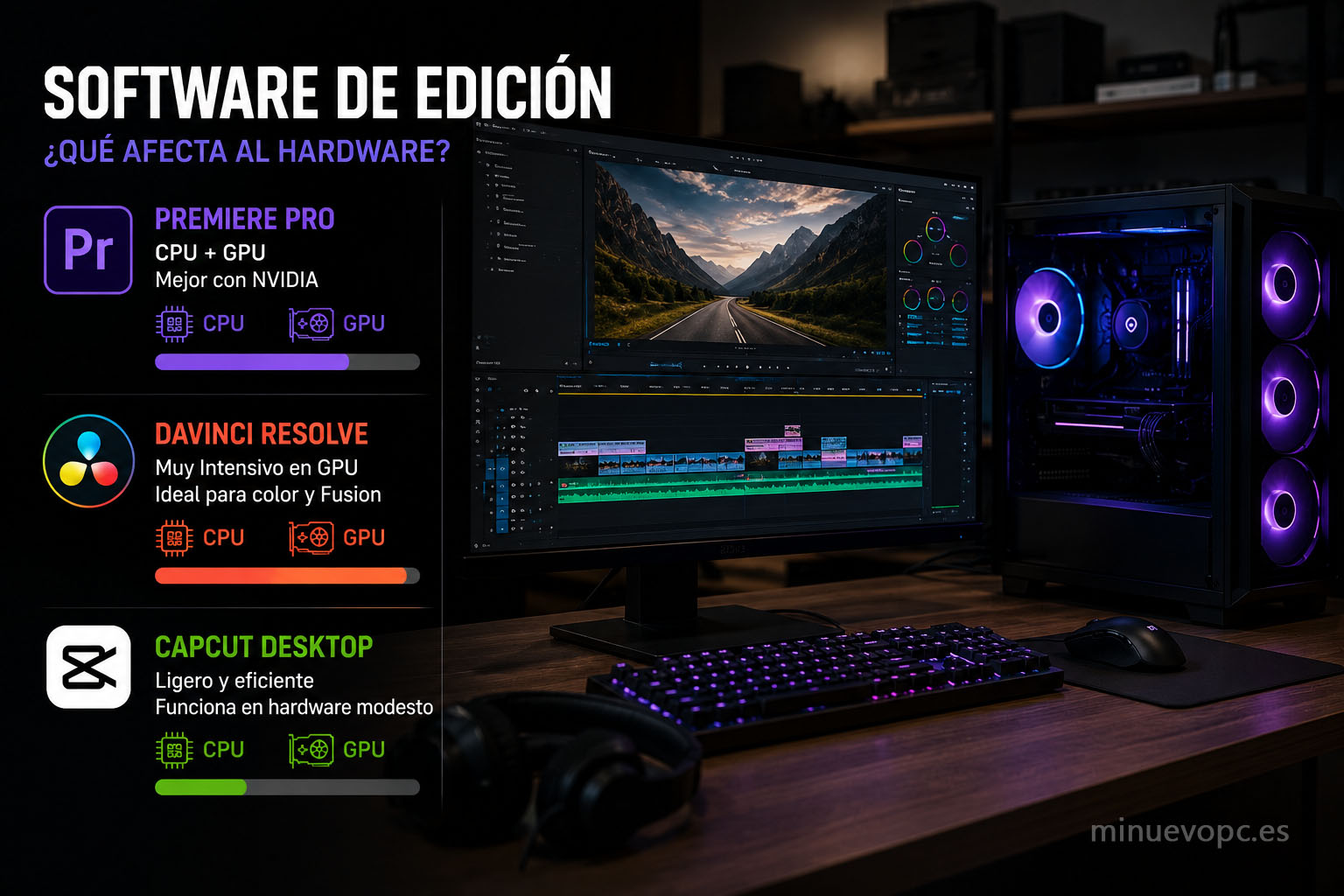 Hardware recomendado para Adobe Premiere Pro, DaVinci Resolve y CapCut según el equilibrio entre procesador, GPU y memoria antes de comprar