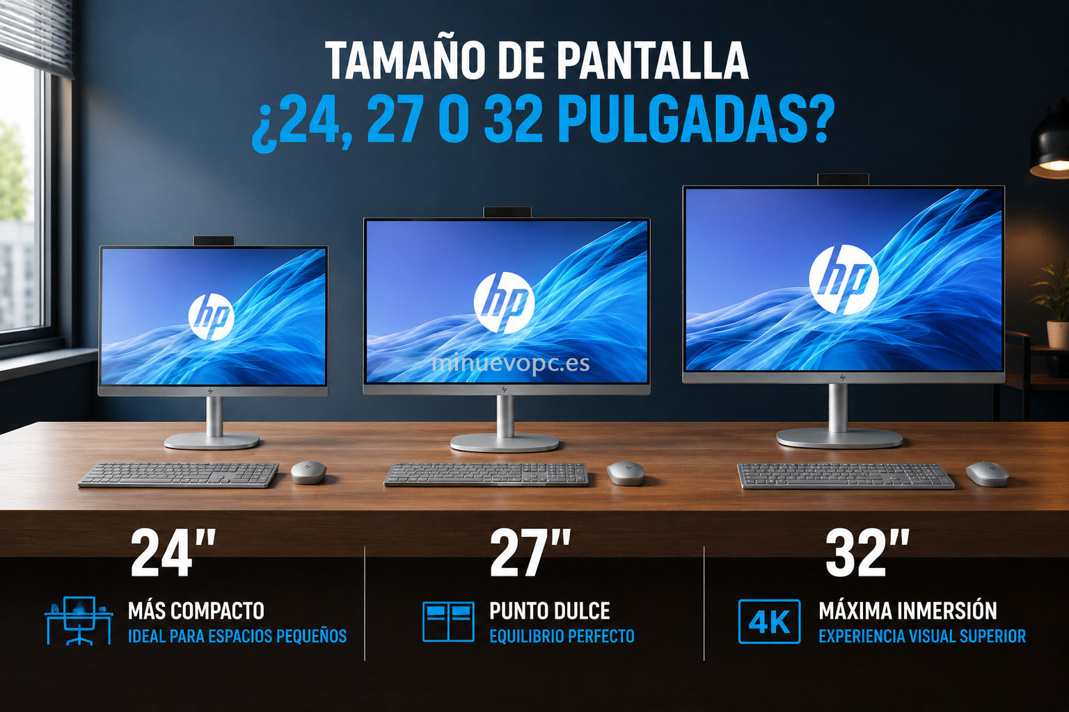 Comparación de ordenadores todo en uno de 24, 27 y 32 pulgadas para elegir el tamaño ideal según espacio, productividad y experiencia visual