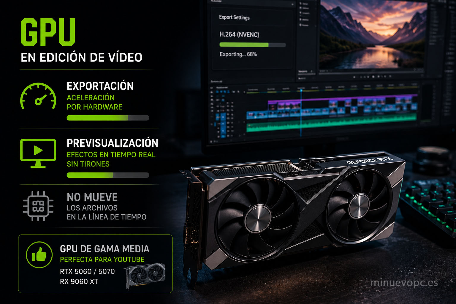 Tarjeta gráfica dedicada para acelerar la edición y exportación de vídeo con mejor rendimiento en Premiere Pro y DaVinci Resolve