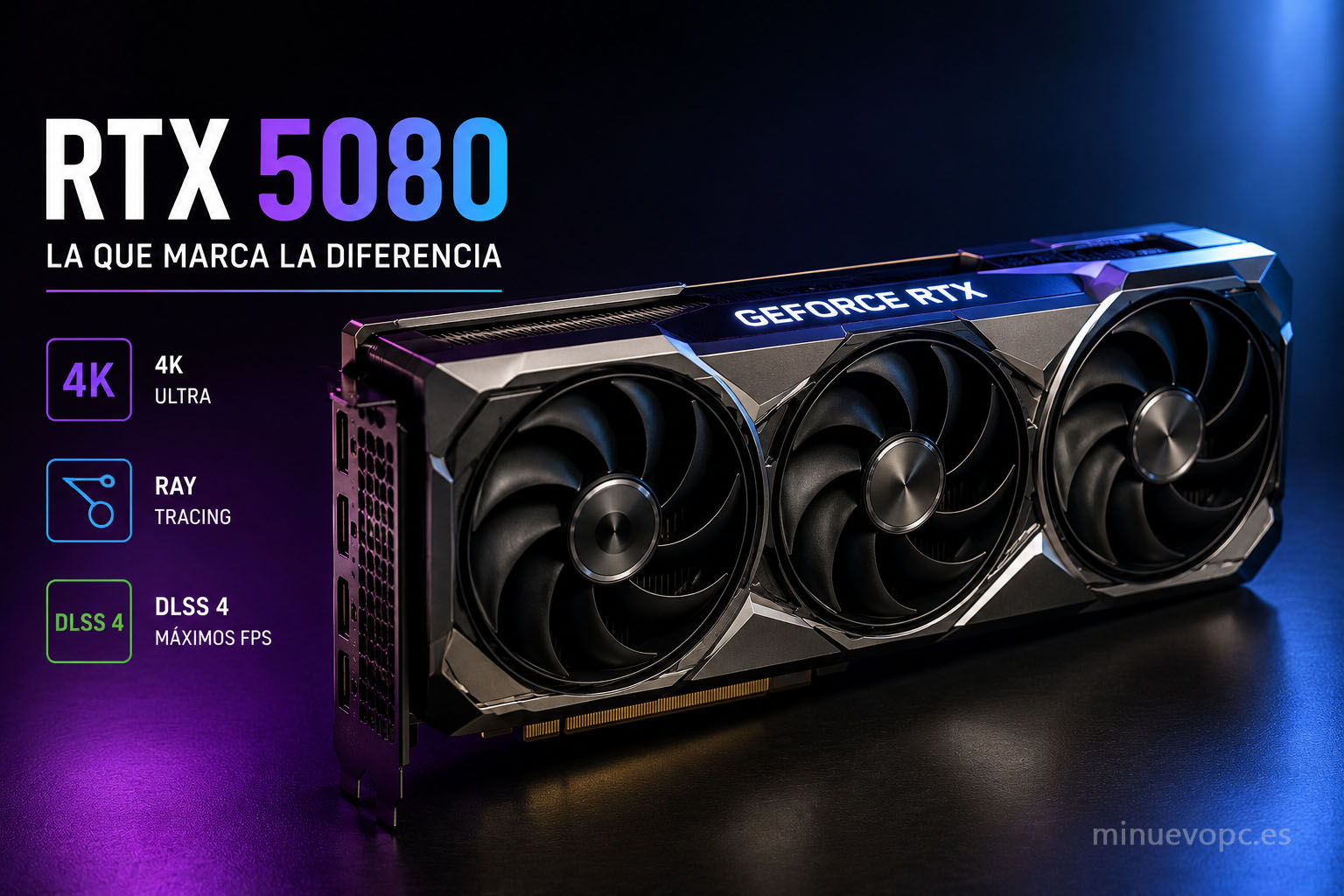 RTX 5080 para PC gaming de gama alta con 16 GB de VRAM, ray tracing avanzado y rendimiento extremo en juegos 4K