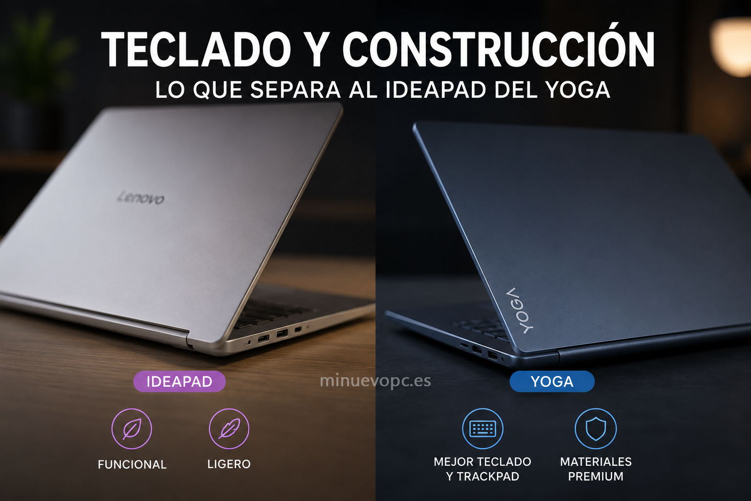 Comparativa entre Lenovo IdeaPad y Yoga mostrando diferencias en materiales, construcción y calidad del teclado para elegir el más adecuado
