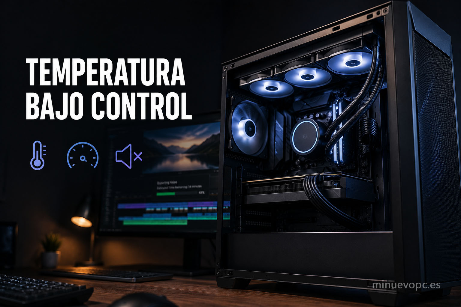 Sistema de refrigeración líquida AIO en PC para edición de vídeo manteniendo temperaturas estables y máximo rendimiento sostenido