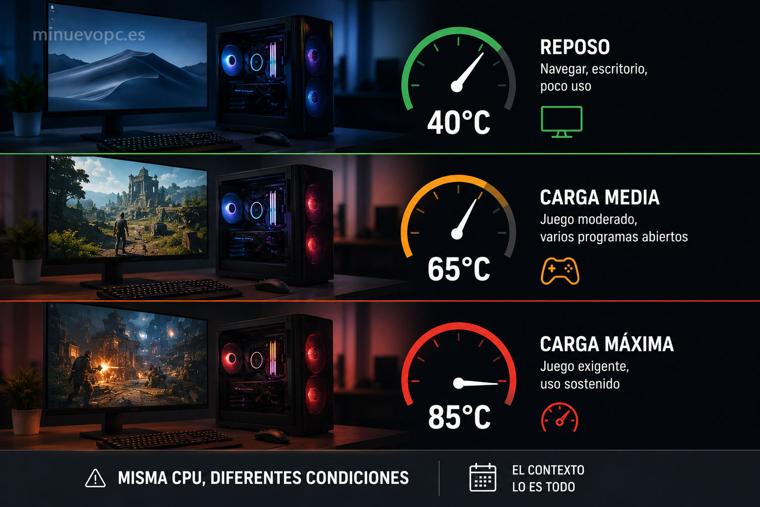 Temperatura de PC gaming en reposo, carga media y uso intensivo, mostrando cómo cambia según el contexto y el rendimiento