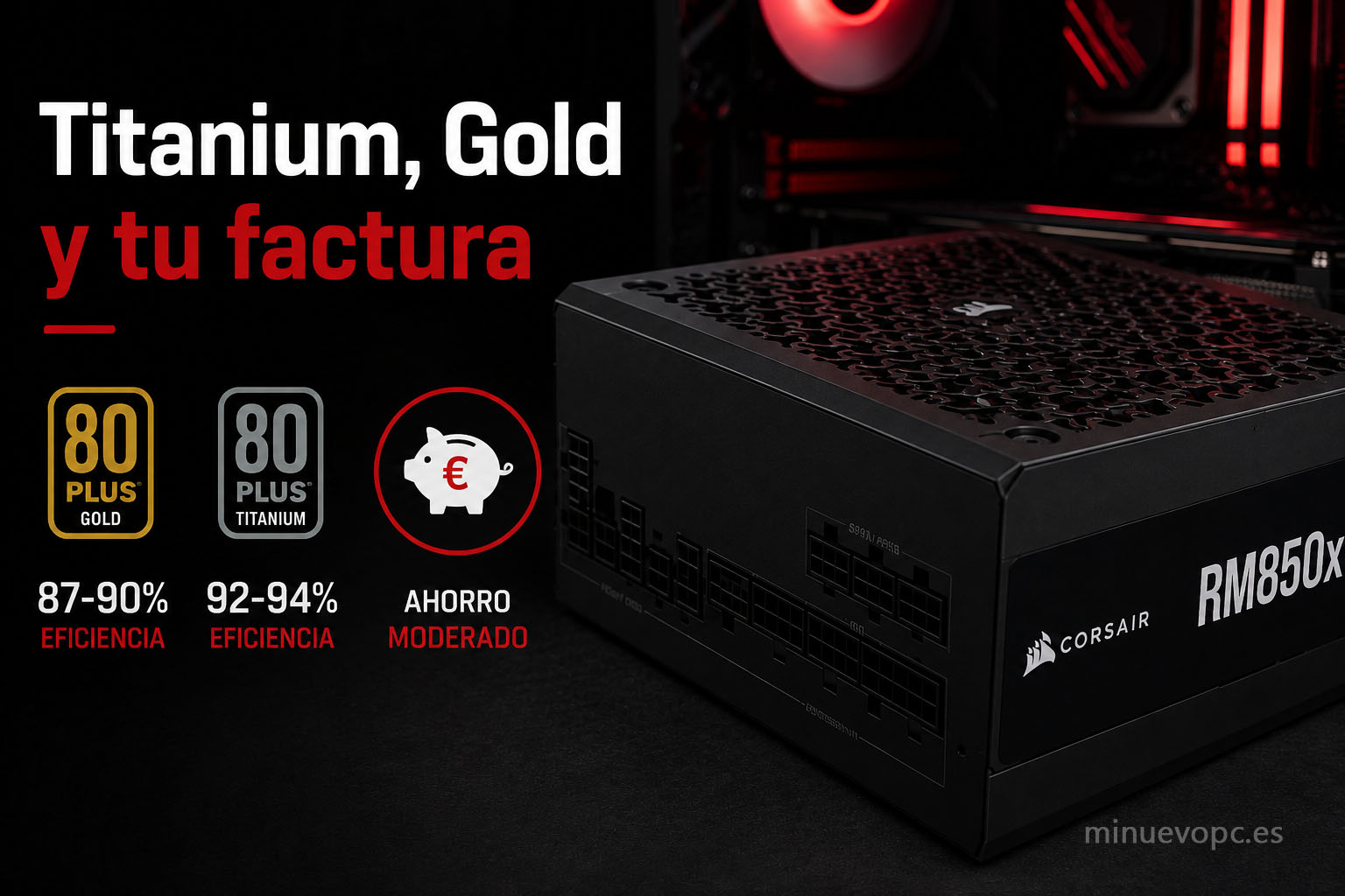 Comparativa entre fuentes 80 Plus Gold y Titanium con diferencias de eficiencia energética, consumo eléctrico y ahorro según el uso del PC
