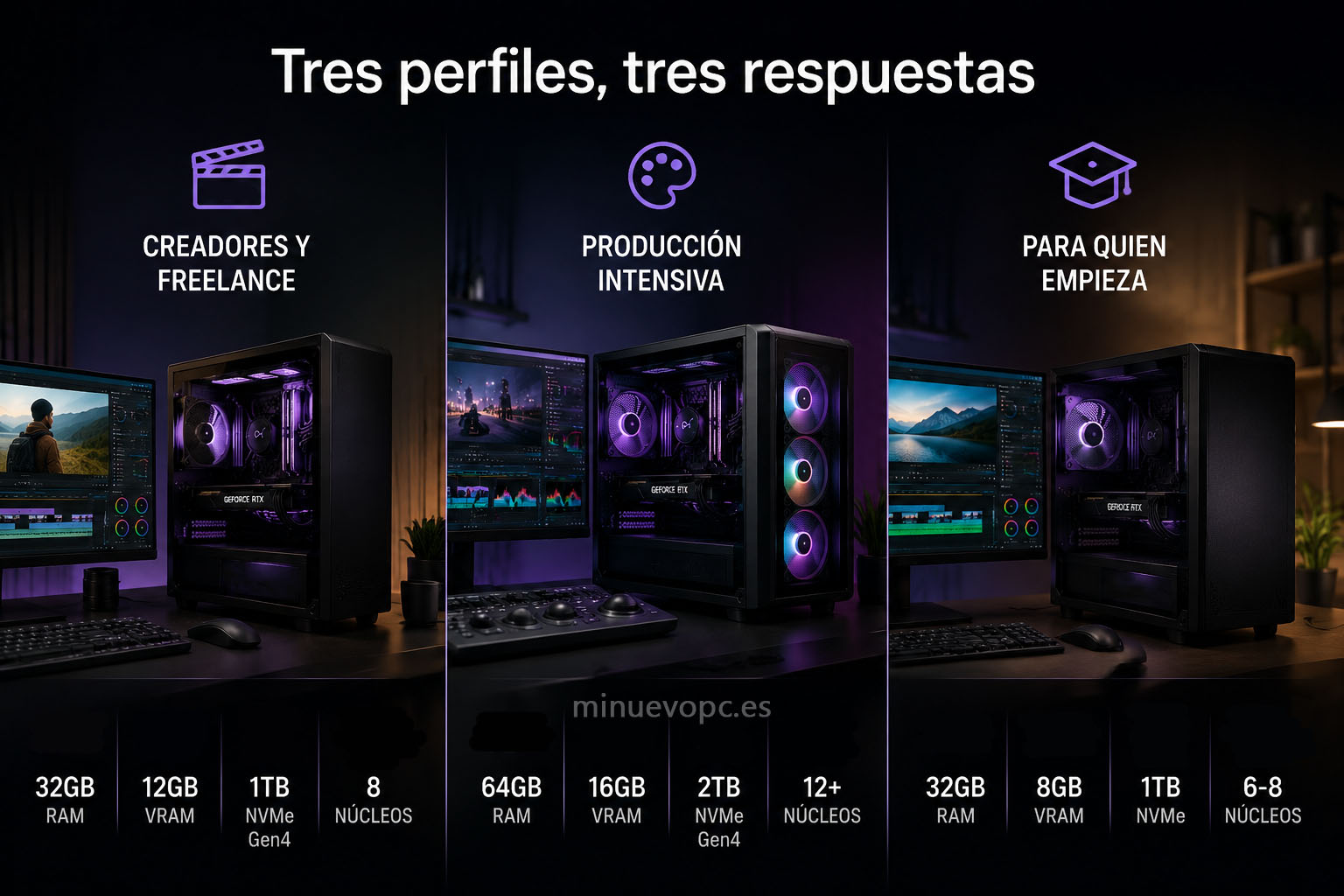Tres configuraciones de PC para edición de vídeo con distintos niveles de RAM, GPU y SSD para elegir la mejor calidad precio según uso