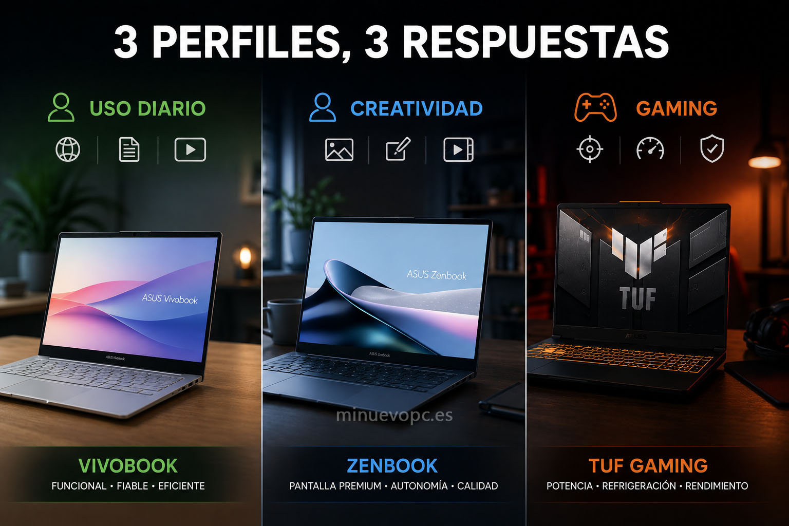 Portátiles ASUS recomendados según el perfil de uso: estudiar, trabajar, crear contenido o jugar con la mejor relación calidad precio