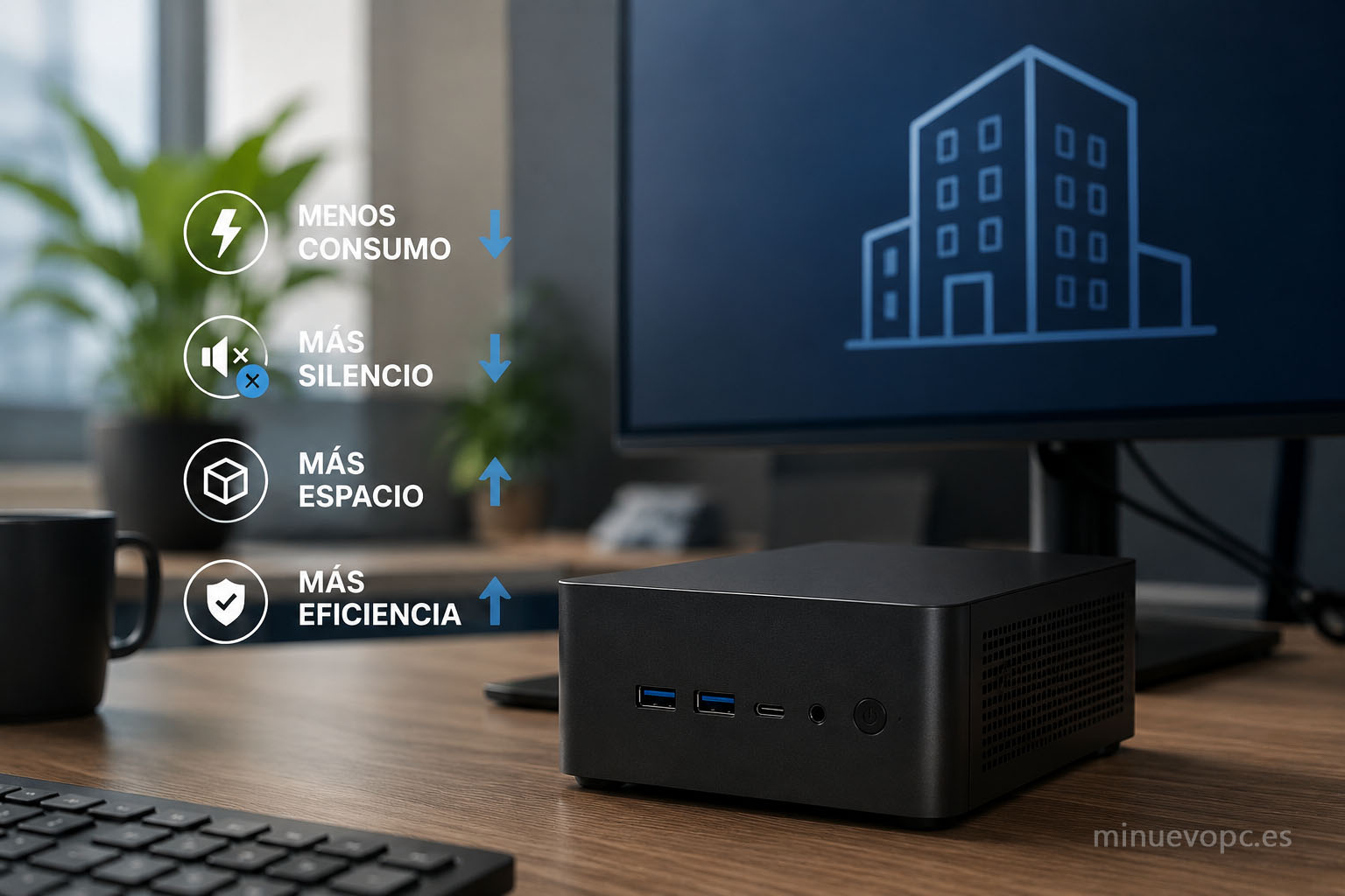 Mini PC de oficina en un puesto de trabajo moderno mostrando su bajo consumo, funcionamiento silencioso y ahorro de espacio para empresas