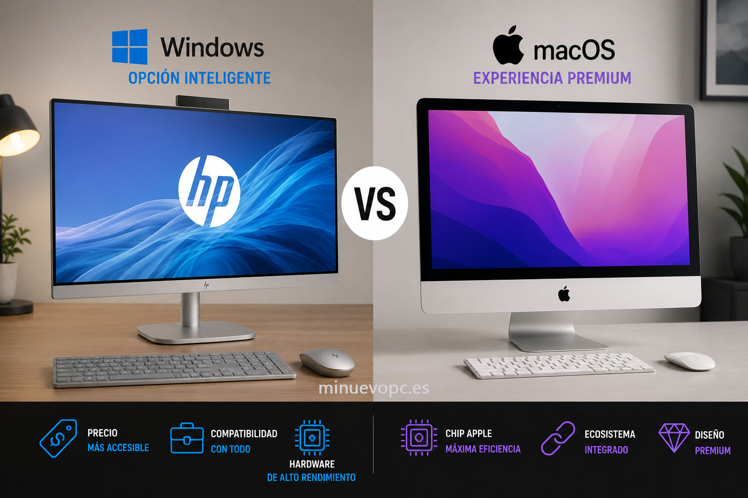 Comparativa entre un PC todo en uno con Windows y un iMac para comprar el equipo más adecuado según presupuesto, software y ecosistema