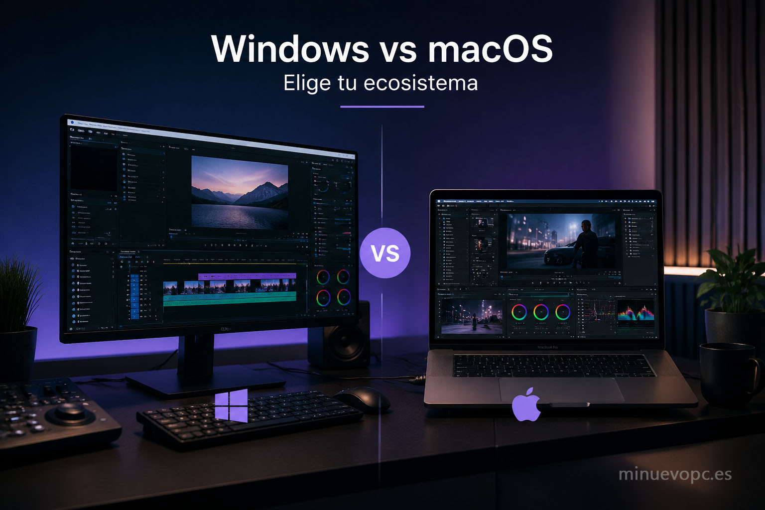 Comparativa visual Windows vs macOS para edición de vídeo con sobremesa y MacBook mostrando opciones de hardware para profesionales