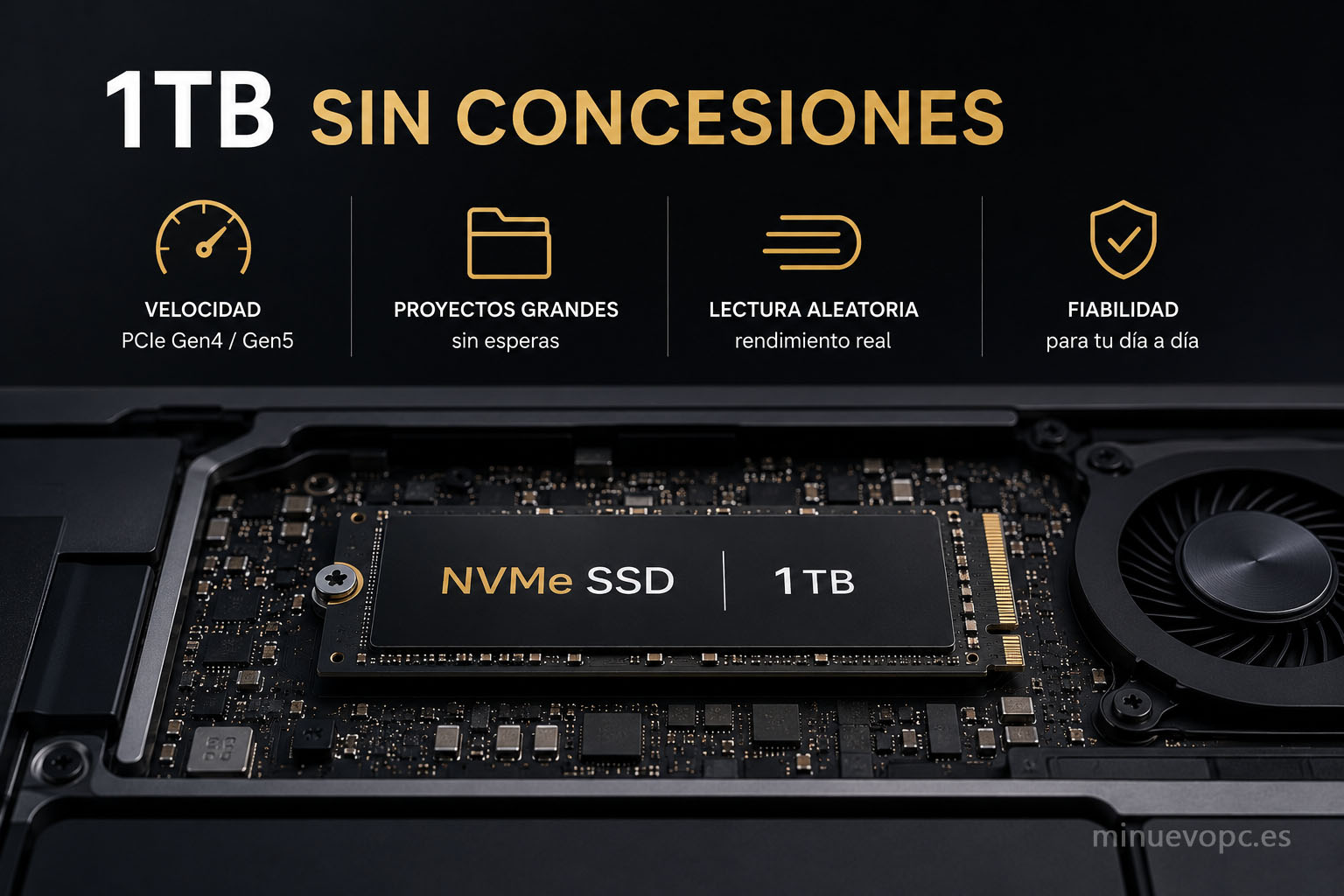 Primer plano de un SSD NVMe de 1 TB instalado en la placa base de un portátil de alto rendimiento para proyectos profesionales