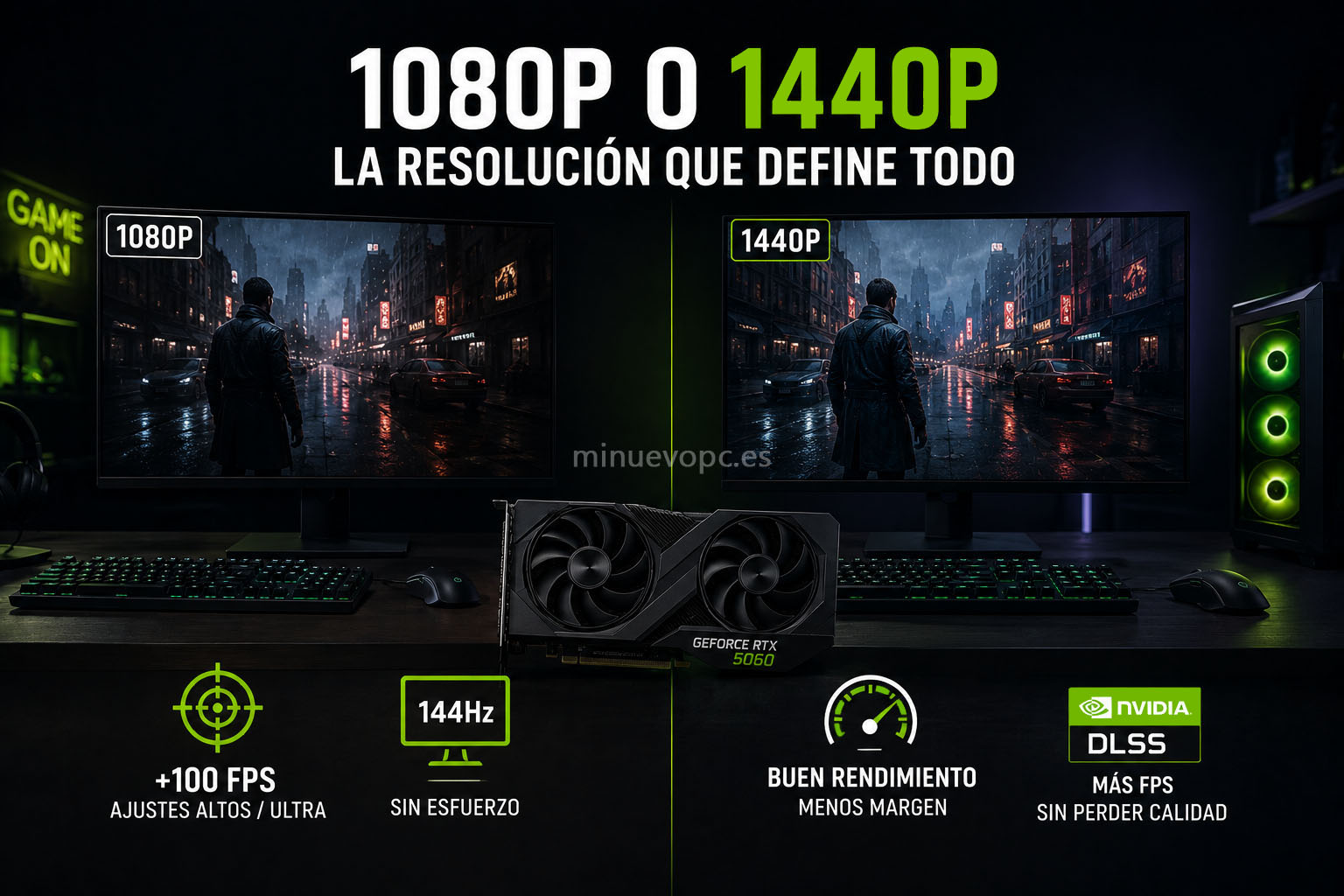Escritorio gaming con dos monitores comparando juego en 1080p y 1440p junto a una RTX 5060 para elegir la resolución más adecuada