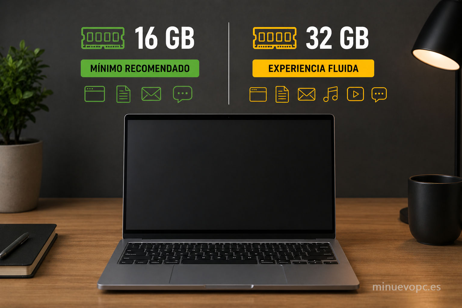 Comparación visual entre 16 GB y 32 GB de memoria RAM para saber qué configuración merece más la pena antes de comprar un portátil