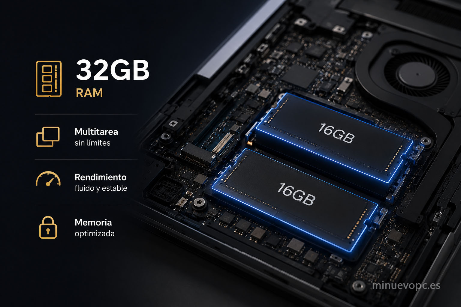 Interior de un portátil profesional destacando 32 GB de memoria RAM como base para multitarea avanzada y proyectos exigentes