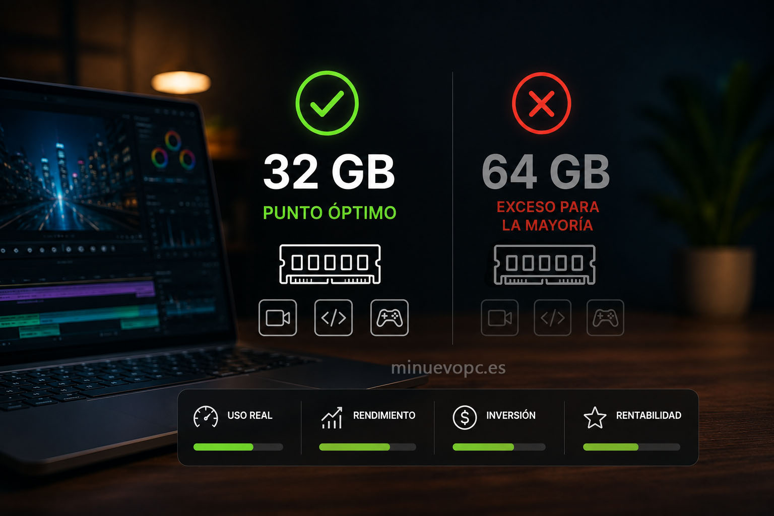 Comparativa visual entre 32 GB y 64 GB con iconos de rendimiento y uso recomendado para saber cuándo invertir más memoria deja de compensar