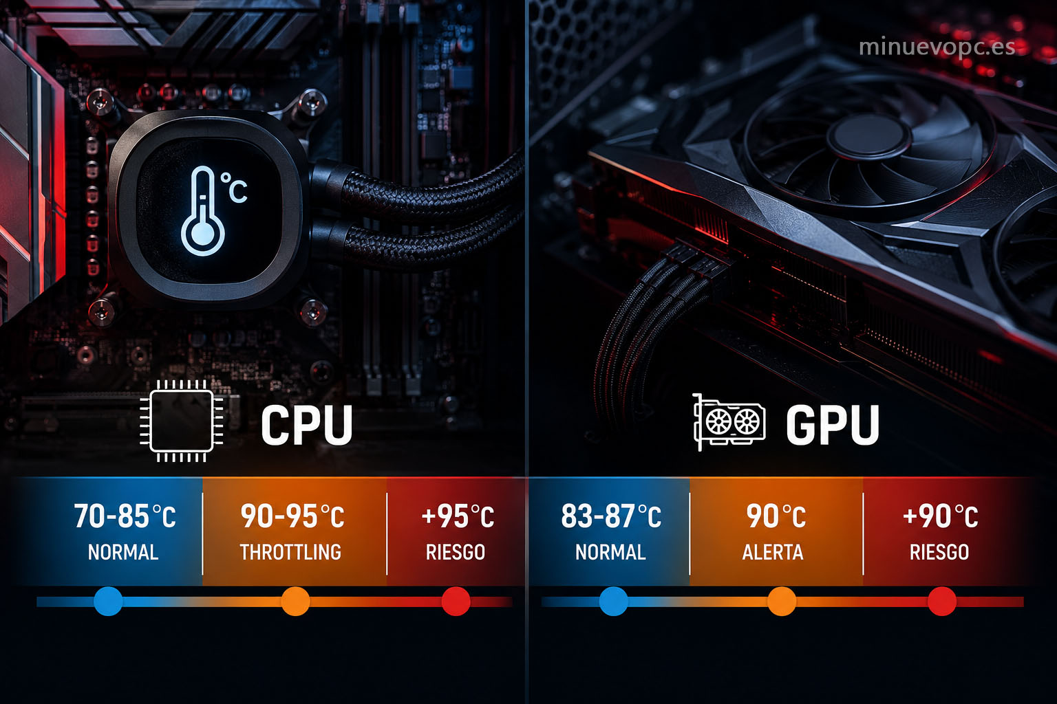 Indicadores de temperatura para CPU y GPU con iconos de alerta que muestran cuándo el calor empieza a afectar al rendimiento del PC gaming