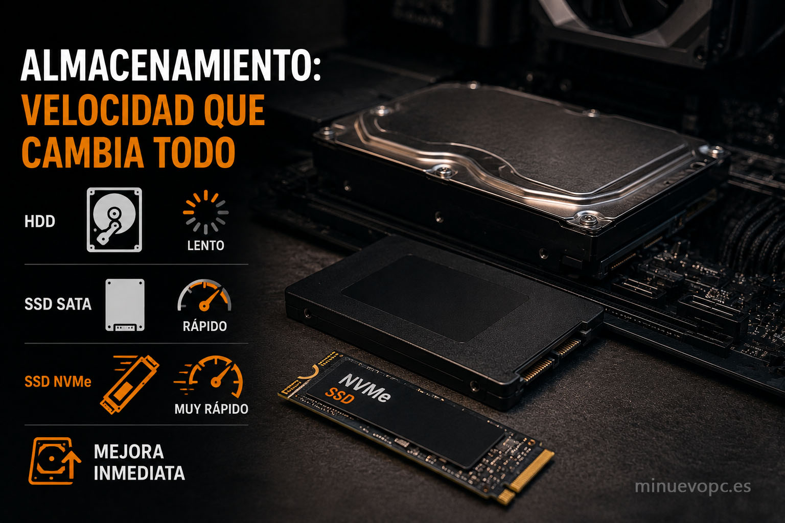 Comparativa visual entre SSD NVMe y disco duro HDD mostrando por qué cambiar a un SSD mejora la velocidad