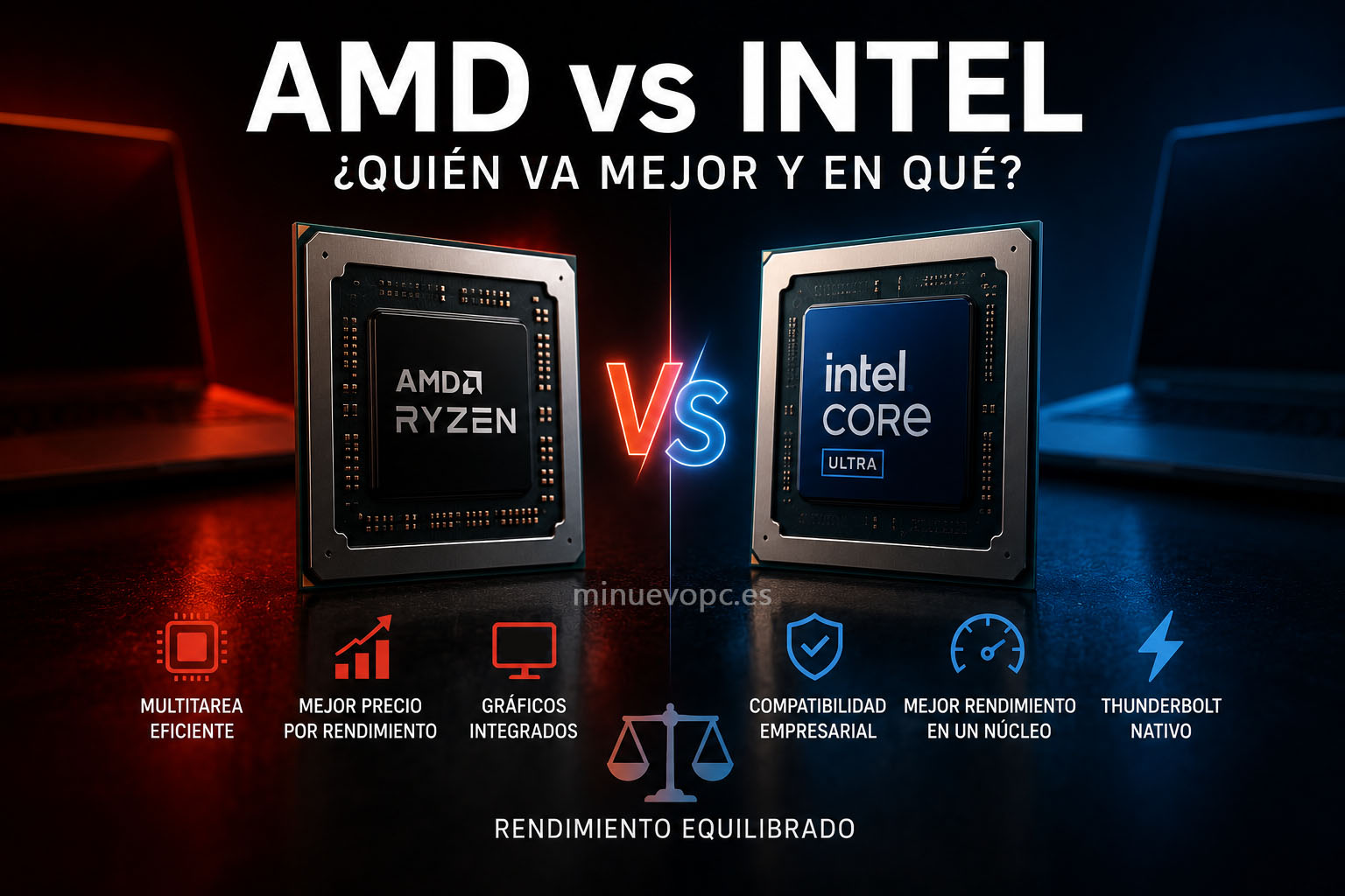 Comparativa entre procesadores AMD Ryzen e Intel Core mostrando las ventajas de cada plataforma según productividad, rendimiento y relación calidad precio