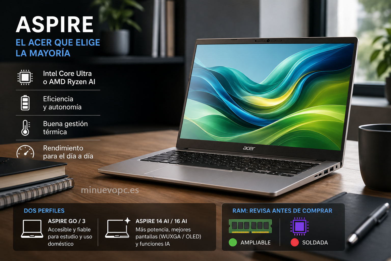 Acer Aspire de diseño elegante sobre un escritorio, pensado para trabajo, estudio y quienes buscan un portátil equilibrado y duradero