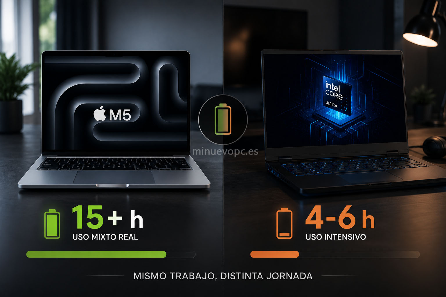 Comparativa visual de autonomía entre un MacBook Pro y un portátil Windows de alto rendimiento para trabajar lejos del enchufe