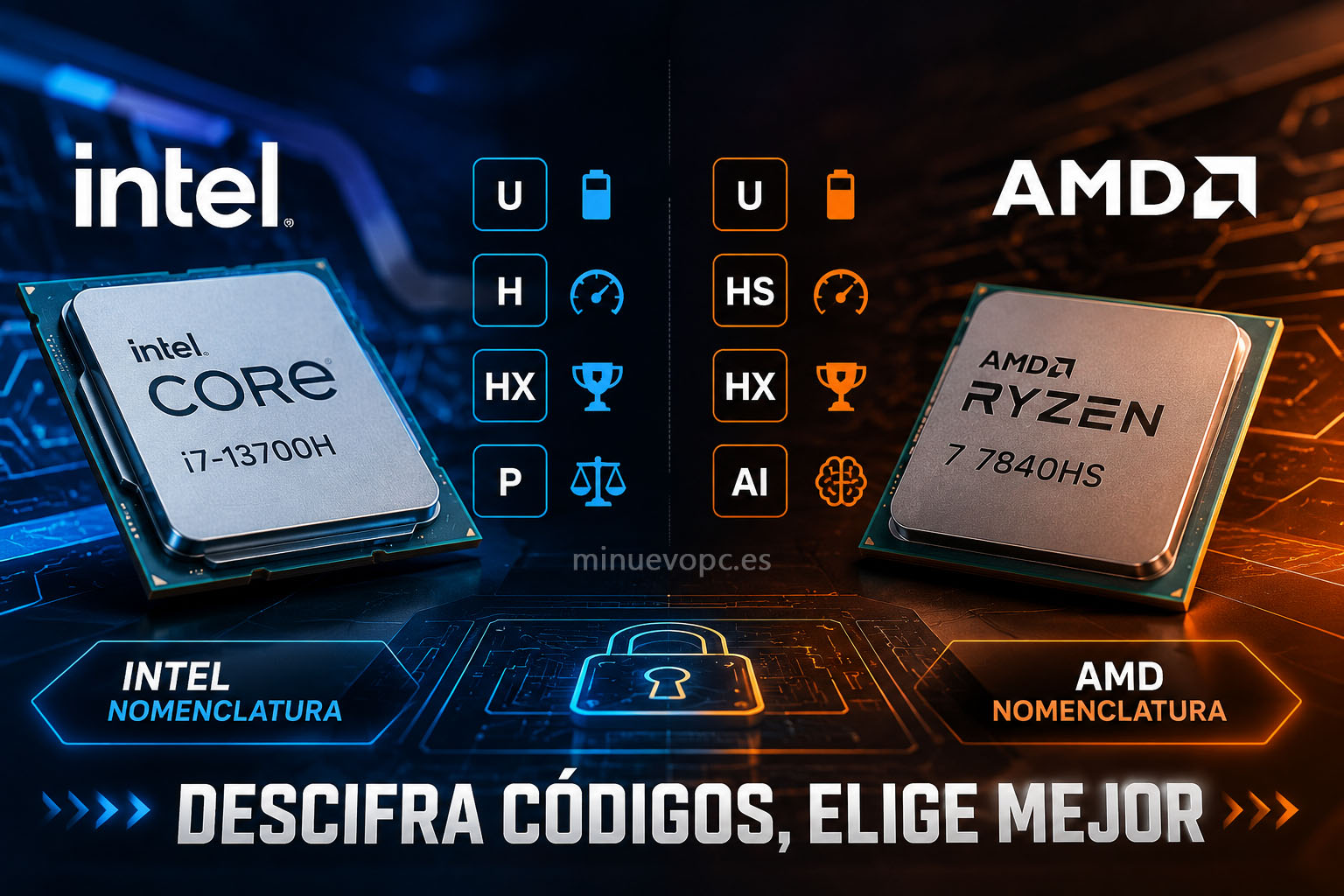 Esquema visual con la nomenclatura de procesadores Intel y AMD mostrando cómo identificar las generaciones y los sufijos de cada modelo fácilmente