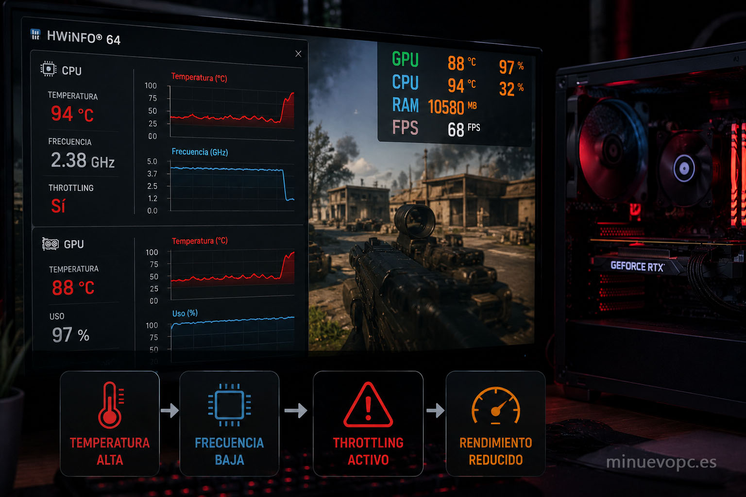 Monitorización en tiempo real de temperaturas, frecuencia y FPS para detectar si un PC gaming está sufriendo throttling térmico
