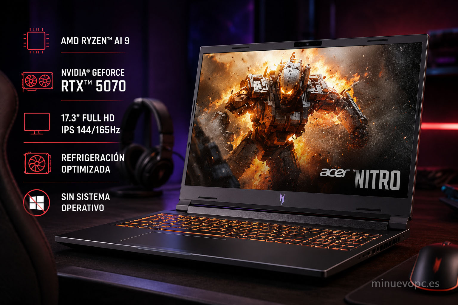 Acer Nitro con teclado retroiluminado y estética gaming mostrando un portátil preparado para jugar con gran rendimiento y buena relación calidad precio