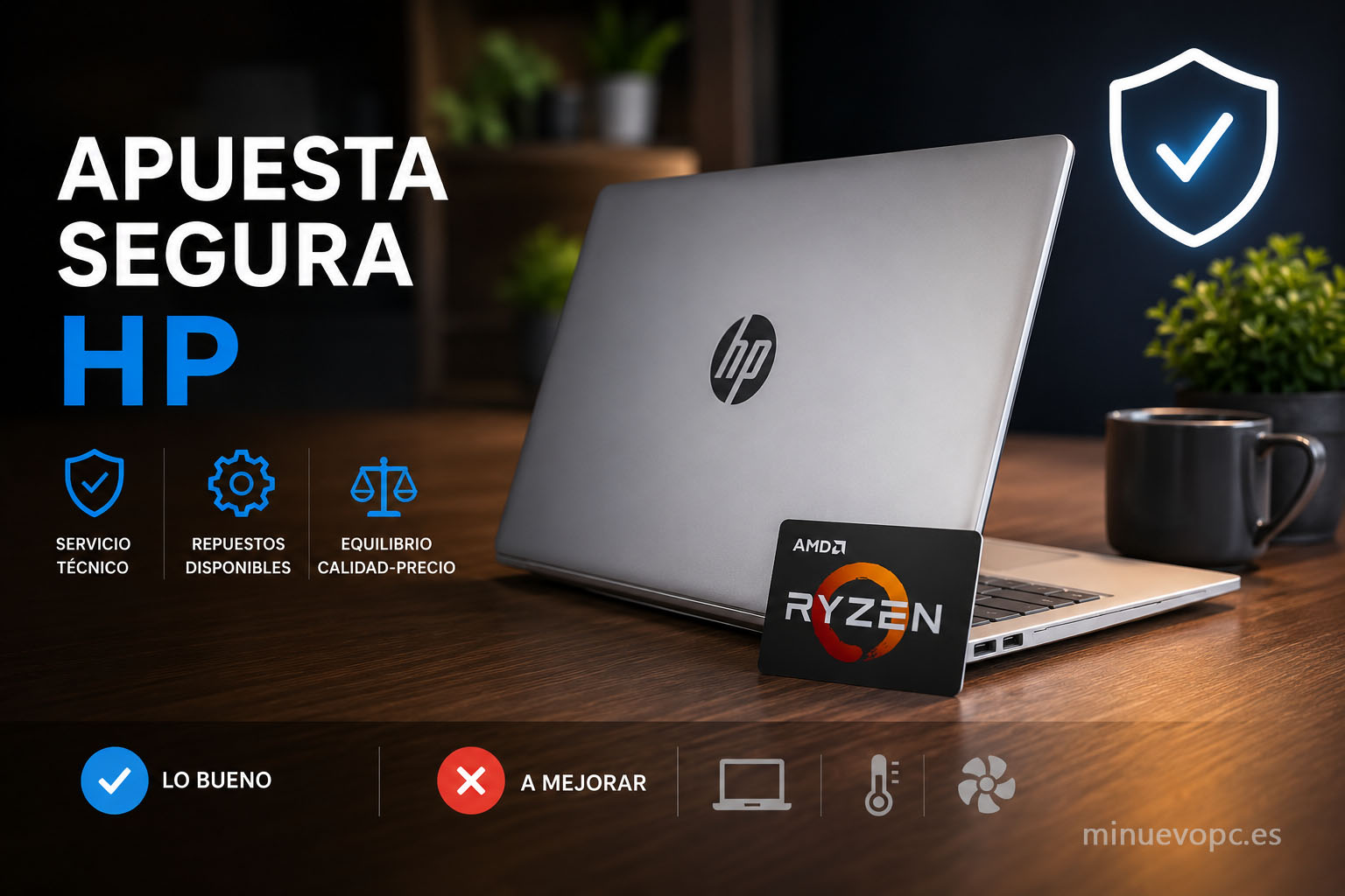 Vista lateral de un portátil HP con iconos de soporte y fiabilidad que refleja por qué la marca sigue siendo una opción segura para trabajar y estudiar
