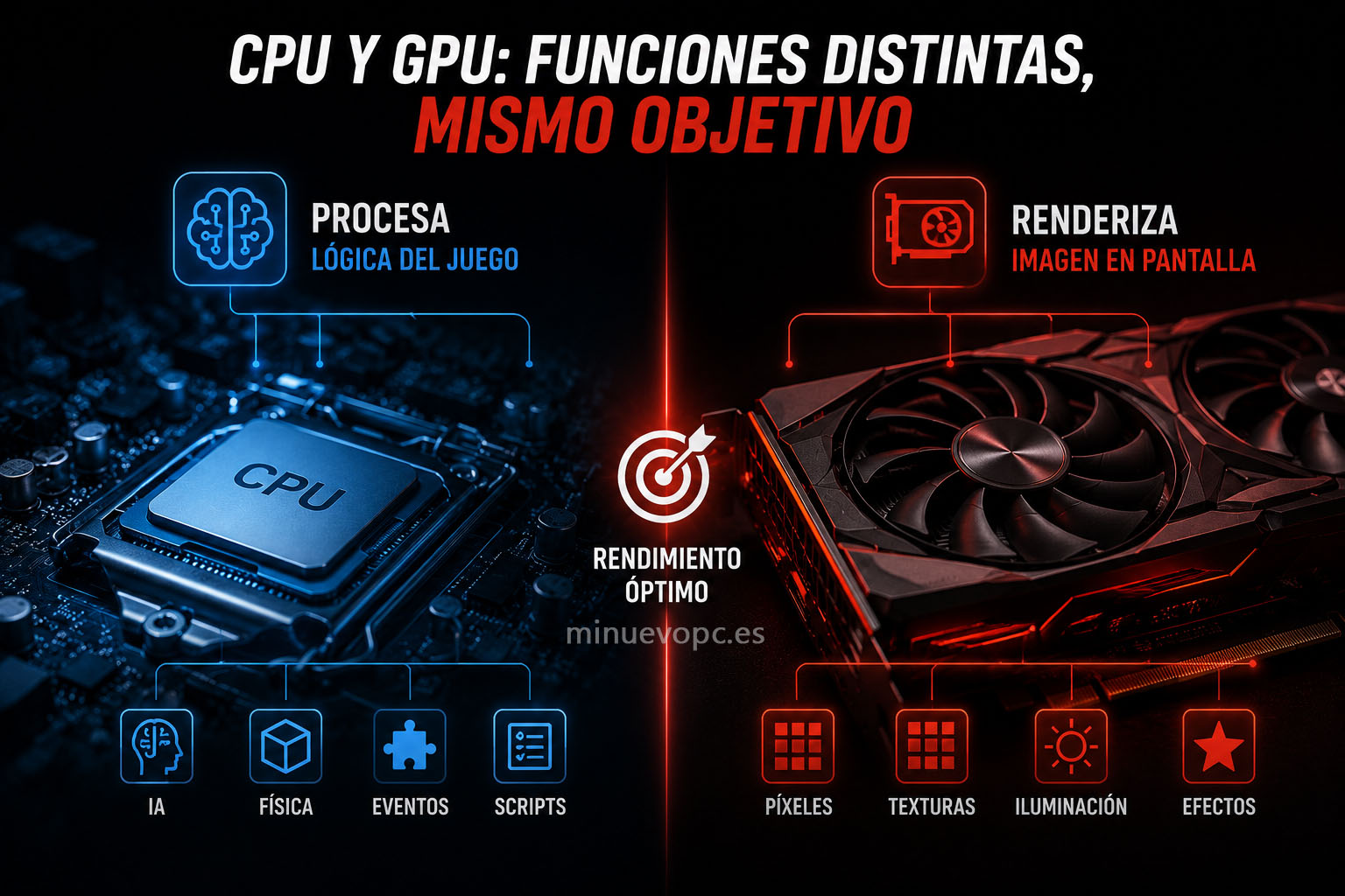 Comparativa visual entre CPU y GPU mostrando cómo se reparten el trabajo según la resolución en un PC gaming